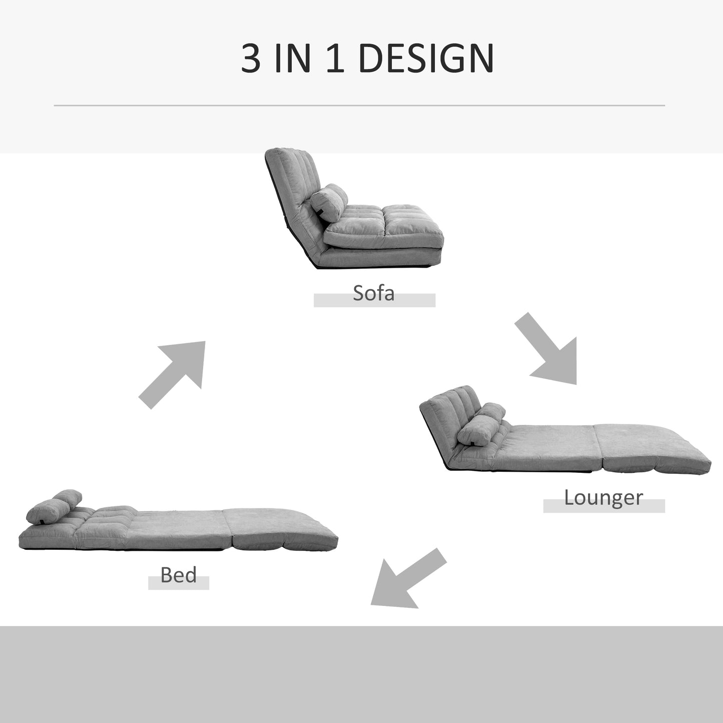 2-In-1 Floor Sofa Lazy Bed Folding Couch w/7 Position Adjustable Backrest Thick Padding Metal Frame & 2 Pillows Light