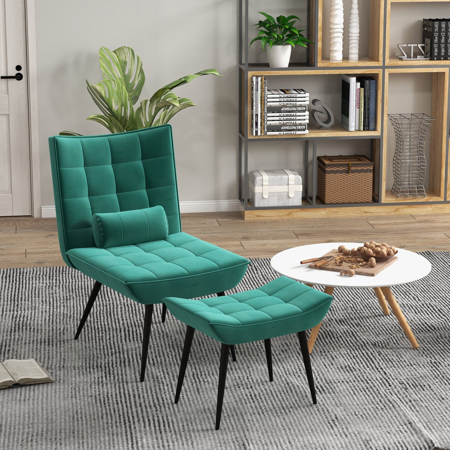 HOMCOM Reading Chair with Footstool, Armless, Modern Tufted Upholstered Lounge Chair w/ Pillow, Steel Legs for Living Room, Green