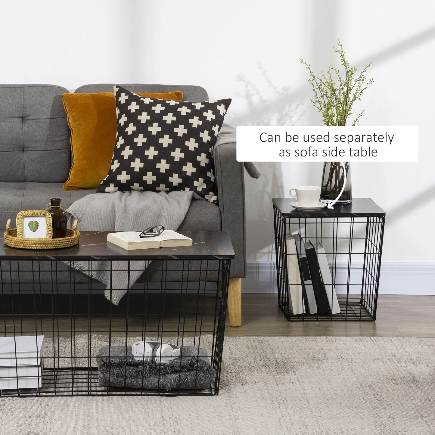 Side Table Marble Top, Black, with Storage, for Living Room Bedroom