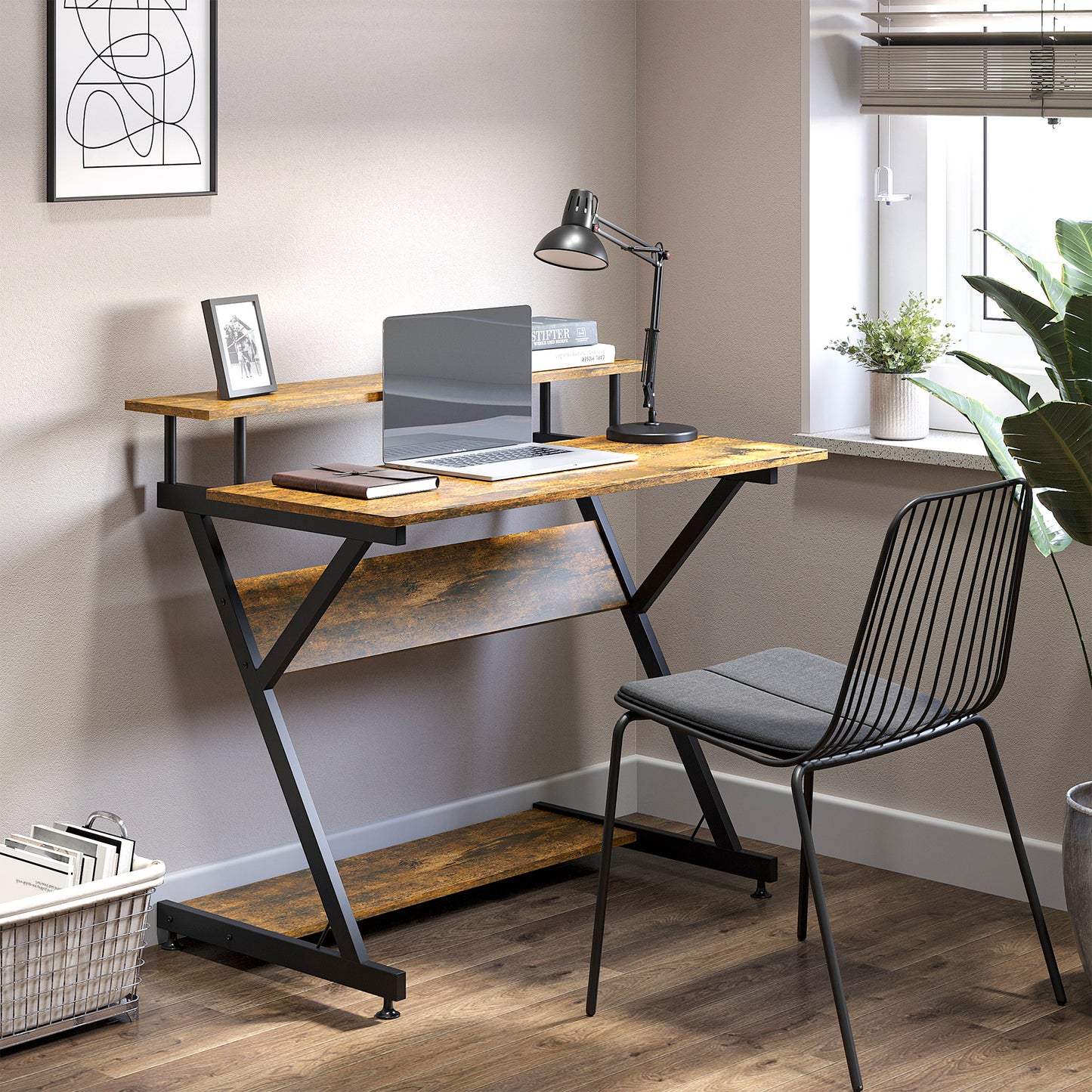 HOMCOM Compact Computer Table, Z Shape Desk with Monitor Shelf and Storage for Home Office, 100cm, Brown