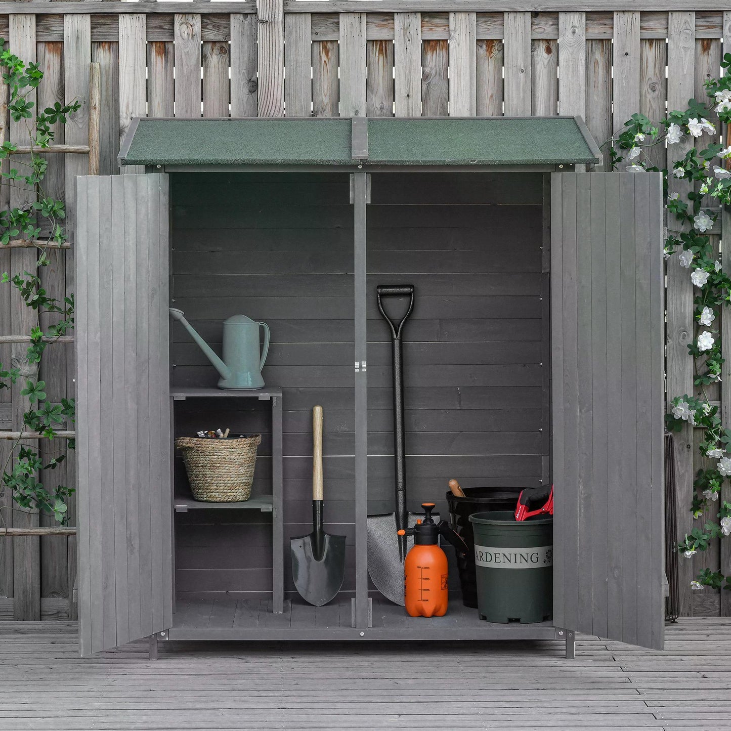 Outsunny Garden Wood Storage Shed w/ Storage Table, Asphalt Roof, Double Door Lockable Sheds & Outdoor Storage Tool Organizer Grey