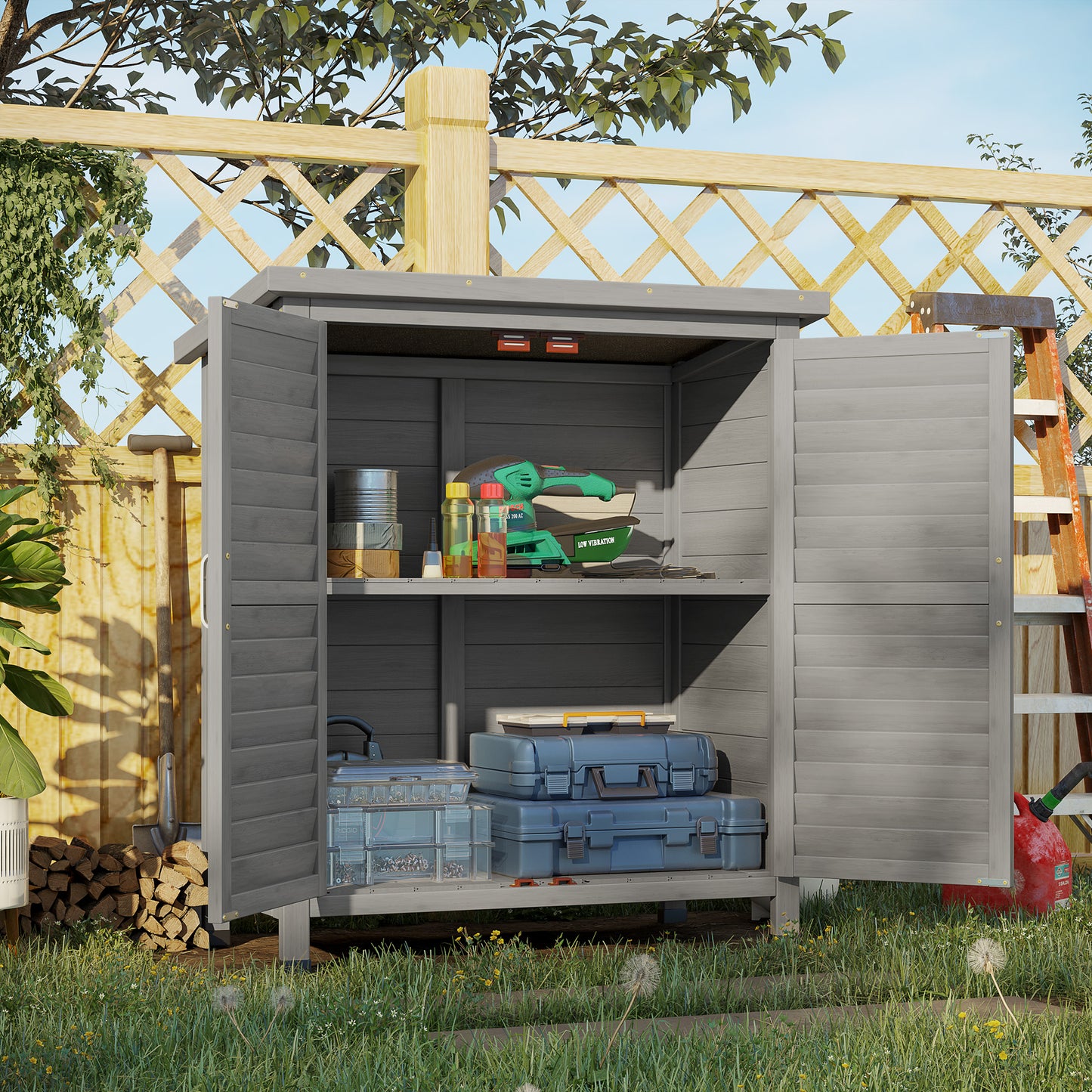 Outsunny Garden Shed Wooden Garden Storage Shed 2 Door Unit Solid Fir Wood Garage Tool Organisation Cabinet, 87L x 46.5W x 96.5Hcm