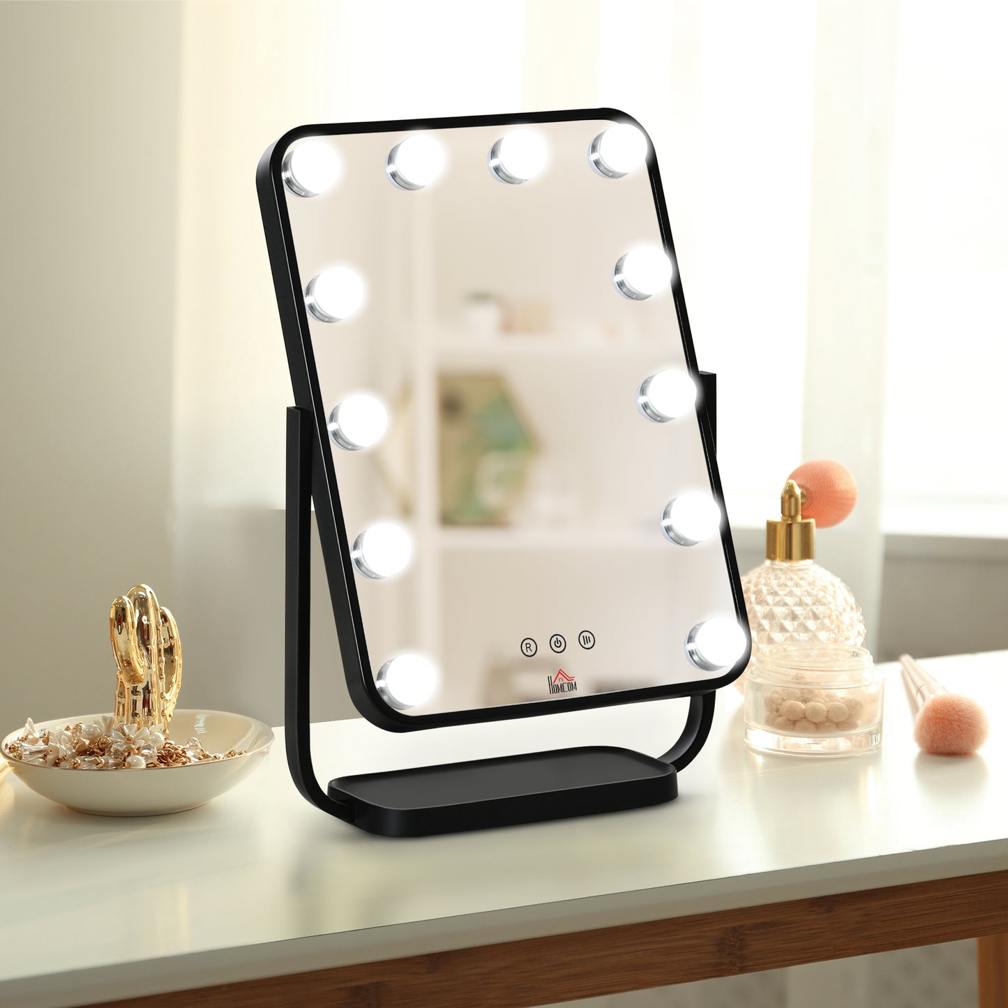 HOMCOM Vanity Table Mirror with Lights, Hollywood Makeup Mirror, with 12 Dimmable LED Bulbs, Memory Function Black
