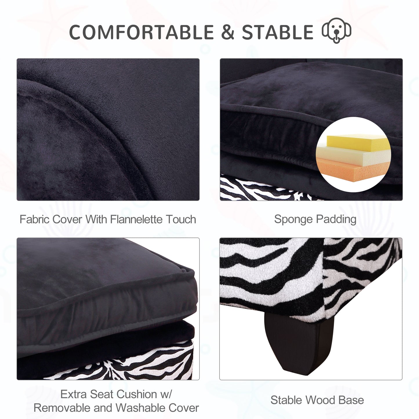 Fabric Cat Sofa, 57x34x36cm-Black, Zebra-Stripe with Storage Box Pet Couch Pet Storage Sofa Bed