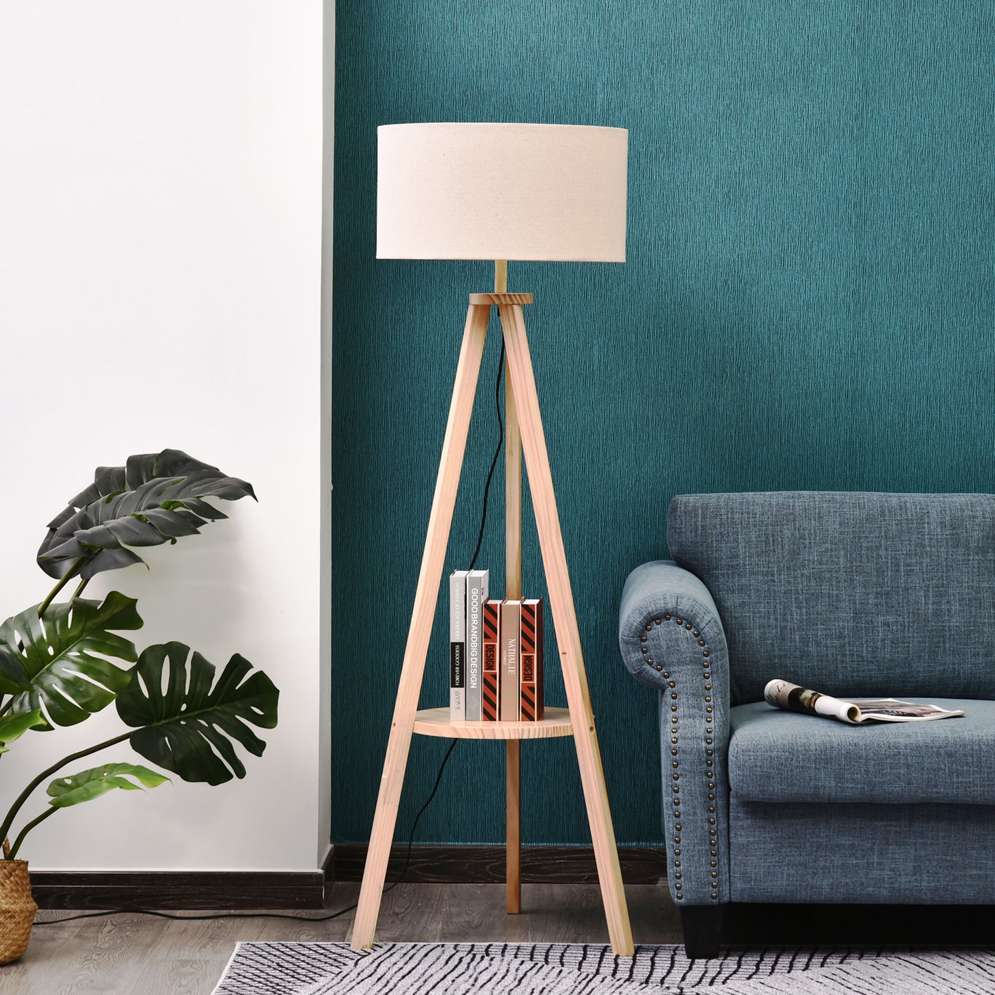 HOMCOM Mid Century Floor Lamp, Free Standing Bedside Light Tripod Holder Storage Shelf Linen Shade