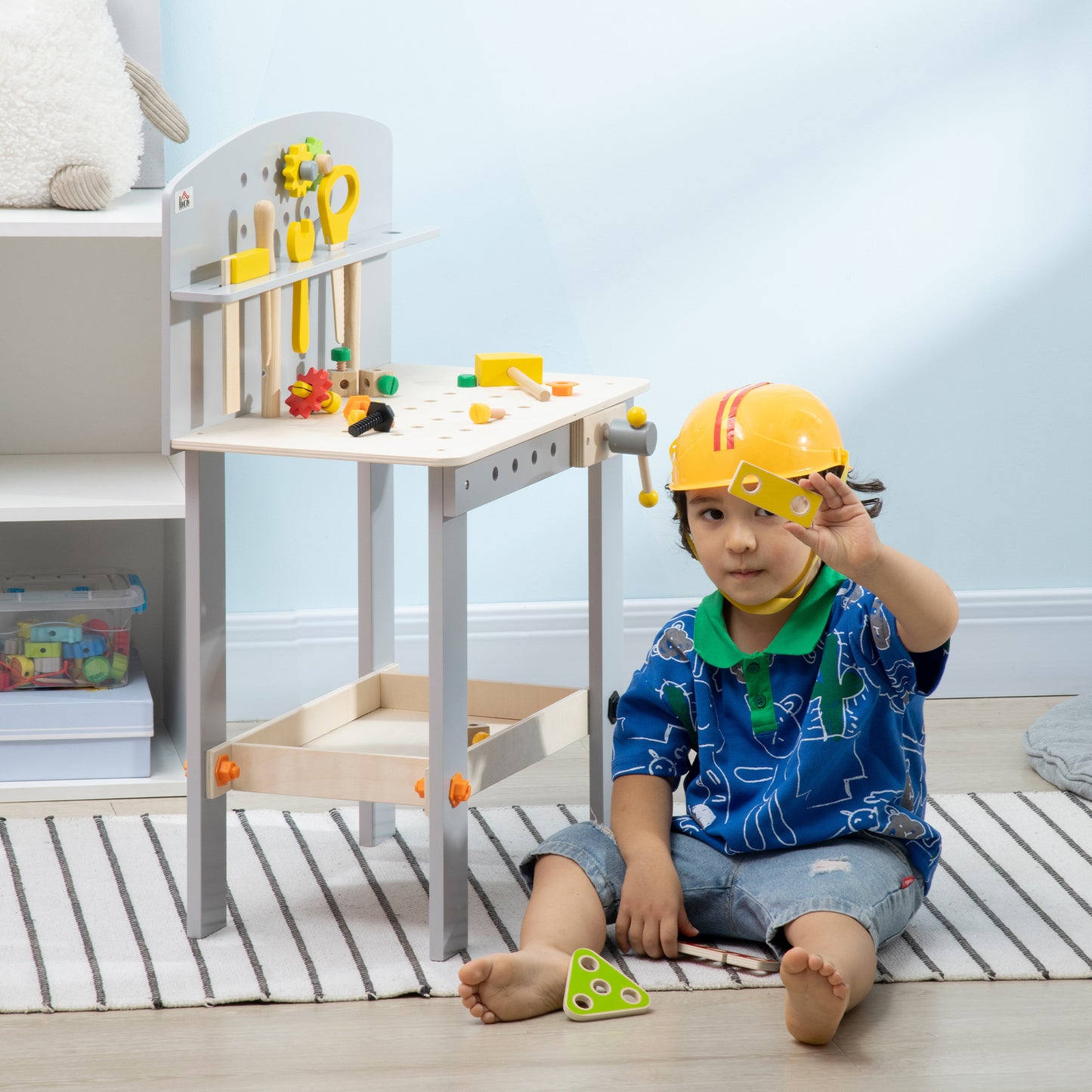 HOMCOM Childrens Wooden Workbench, with Storage Shelf, Wooden Tool Kits, Educational Tool Pretend Play Gift Aosom IE