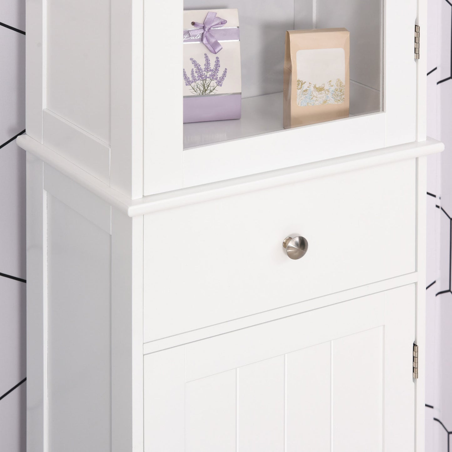 kleankin Bathroom Storage Cabinet with 3-tier Shelf Drawer Glass Door, Floor Cabinet Free Standing Tall Slim Side Organizer Shelves