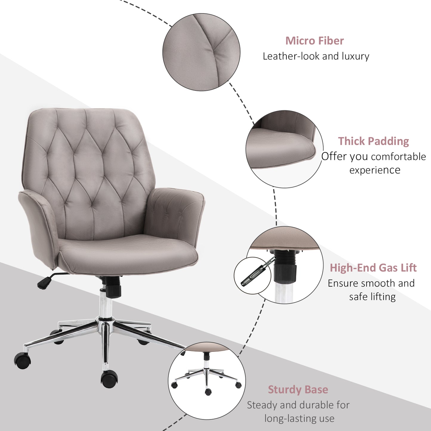 Swivel Desk Chair, On Wheels 360° Swivel, Adjustable Height Grey