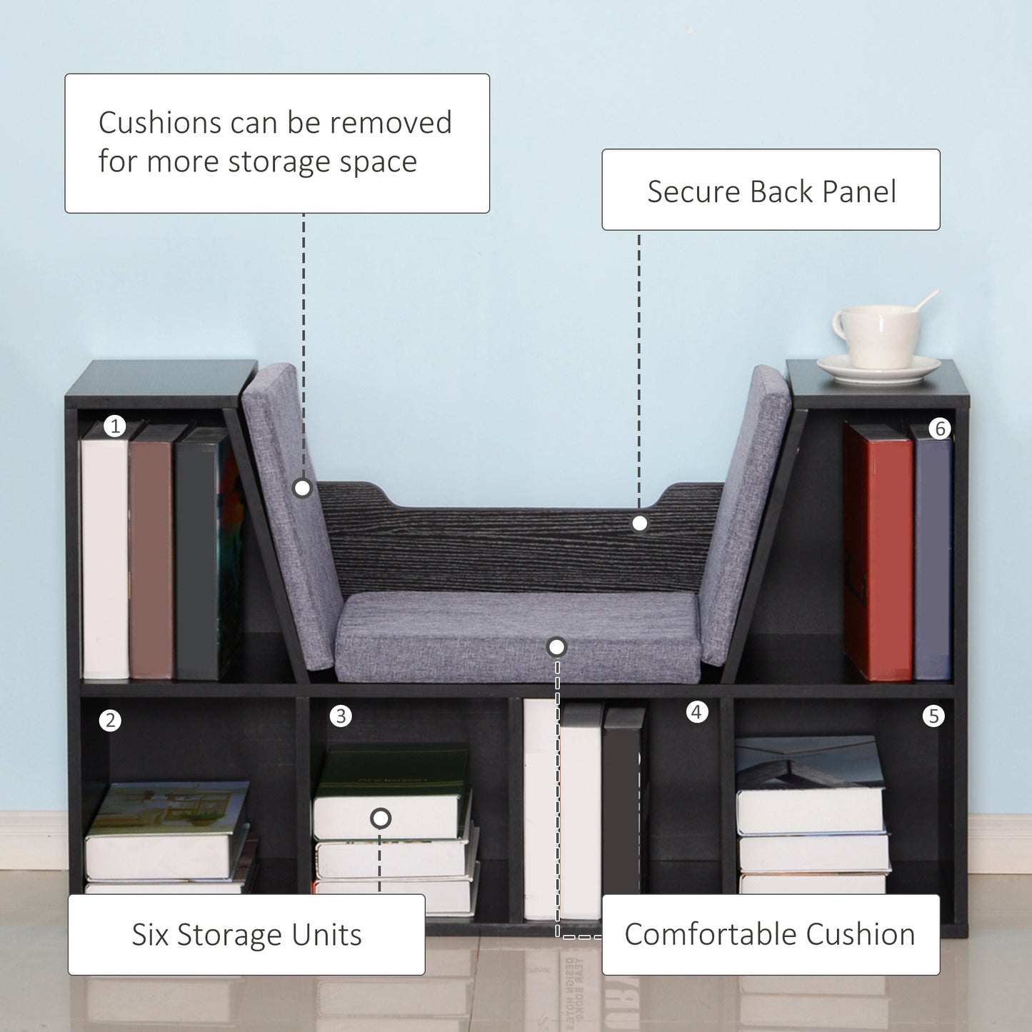 Bookcase Storage W/Particle Board Sponge Linen, 102W x 30D x 61Hcm-Black/Grey