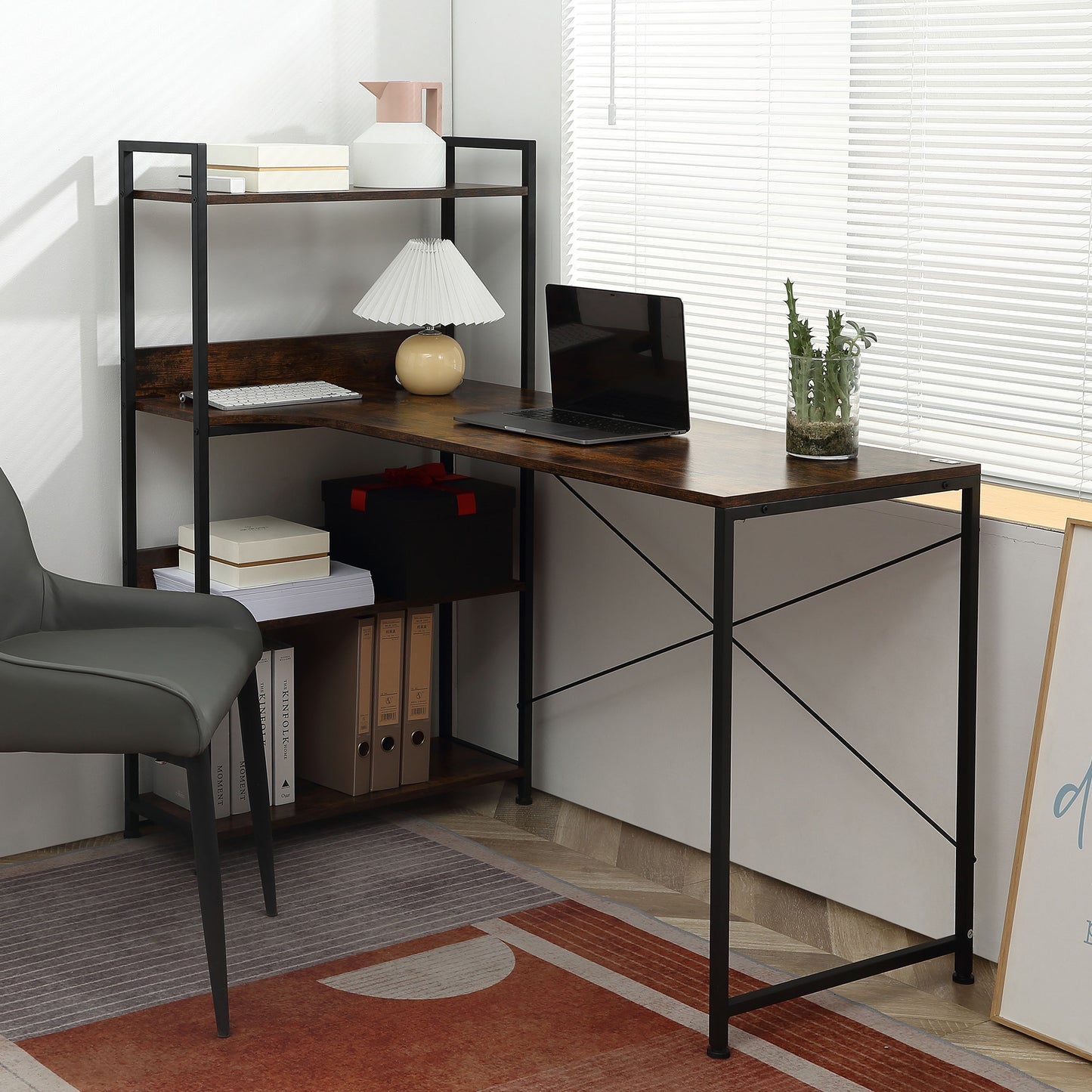 HOMCOM L Shaped Desk with Storage, w/4-Tier Storage Shelf Metal Frame