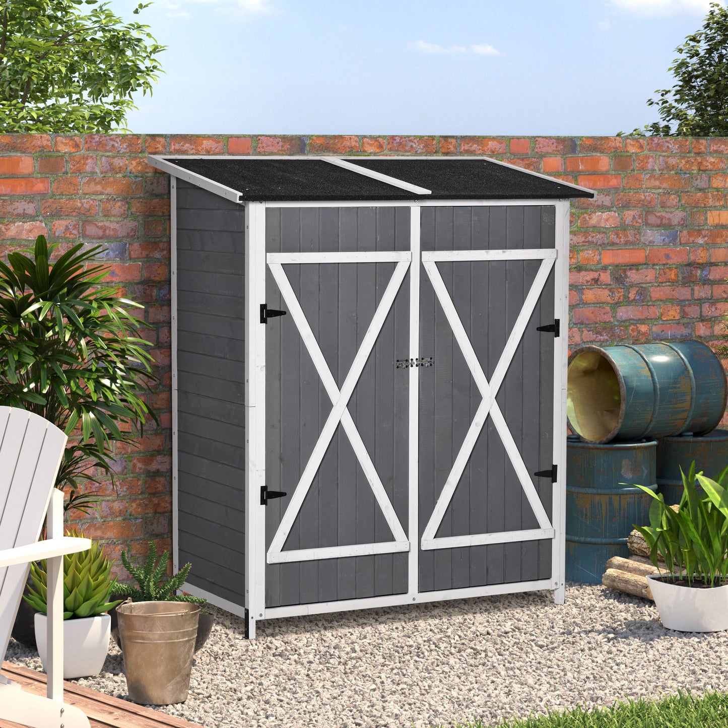 Outsunny Garden Wood Storage Shed w/ Flexible Table, Hooks and Ground Nails, Multifunction Lockable Sheds Tool Organizer Dark Grey