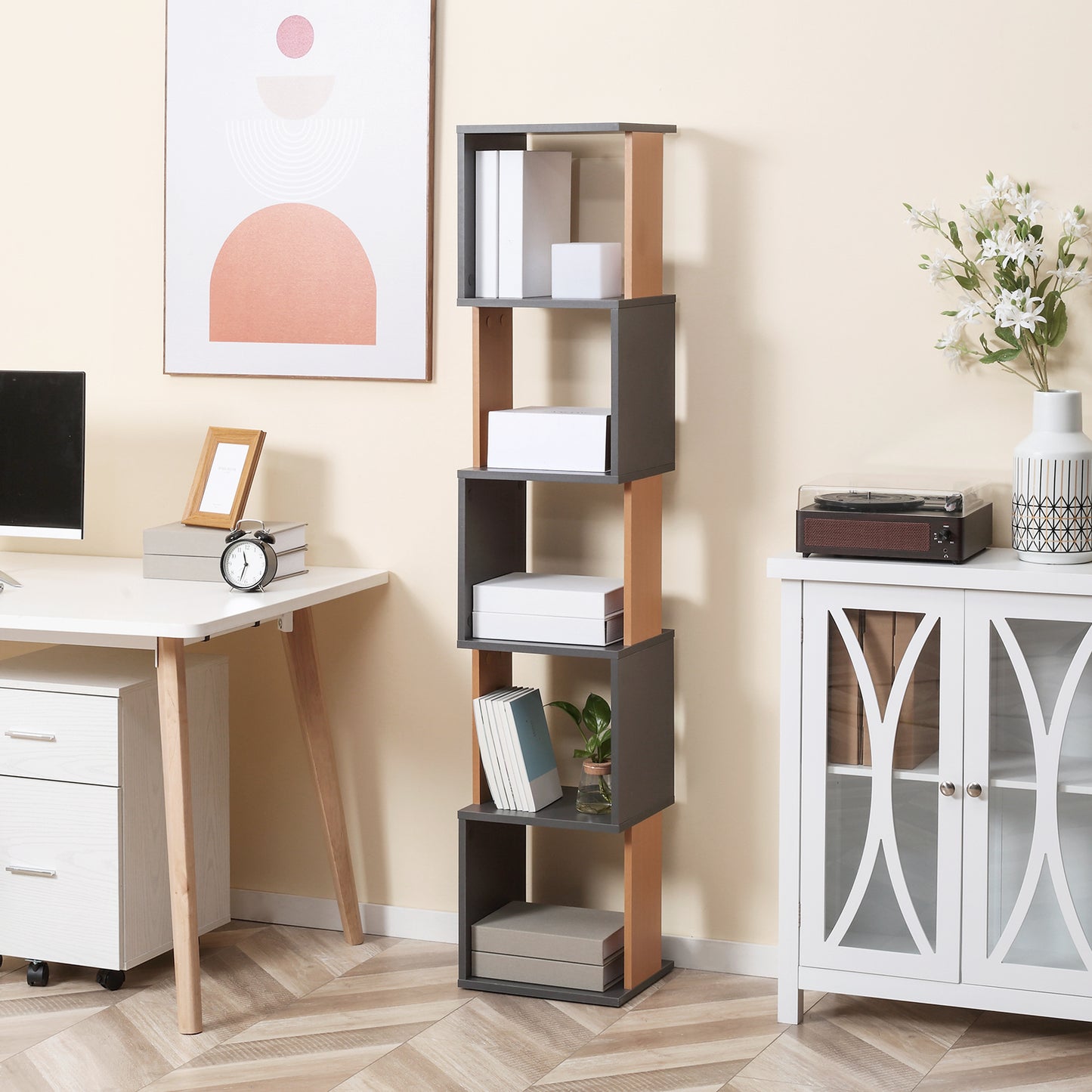 HOMCOM Modern 5-Tier Bookshelf, Freestanding Bookcase Storage Shelving for Living Room Home Office Study, Dark Grey