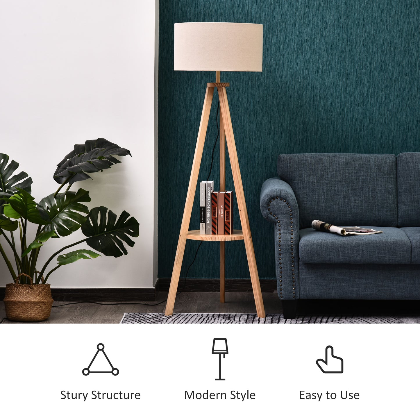 Mid Century Floor Lamp, Free Standing Bedside Light Tripod Holder Storage Shelf Linen Shade