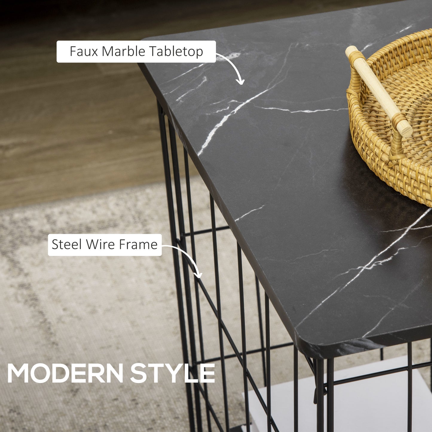 Side Table Marble Top, Black, with Storage, for Living Room Bedroom