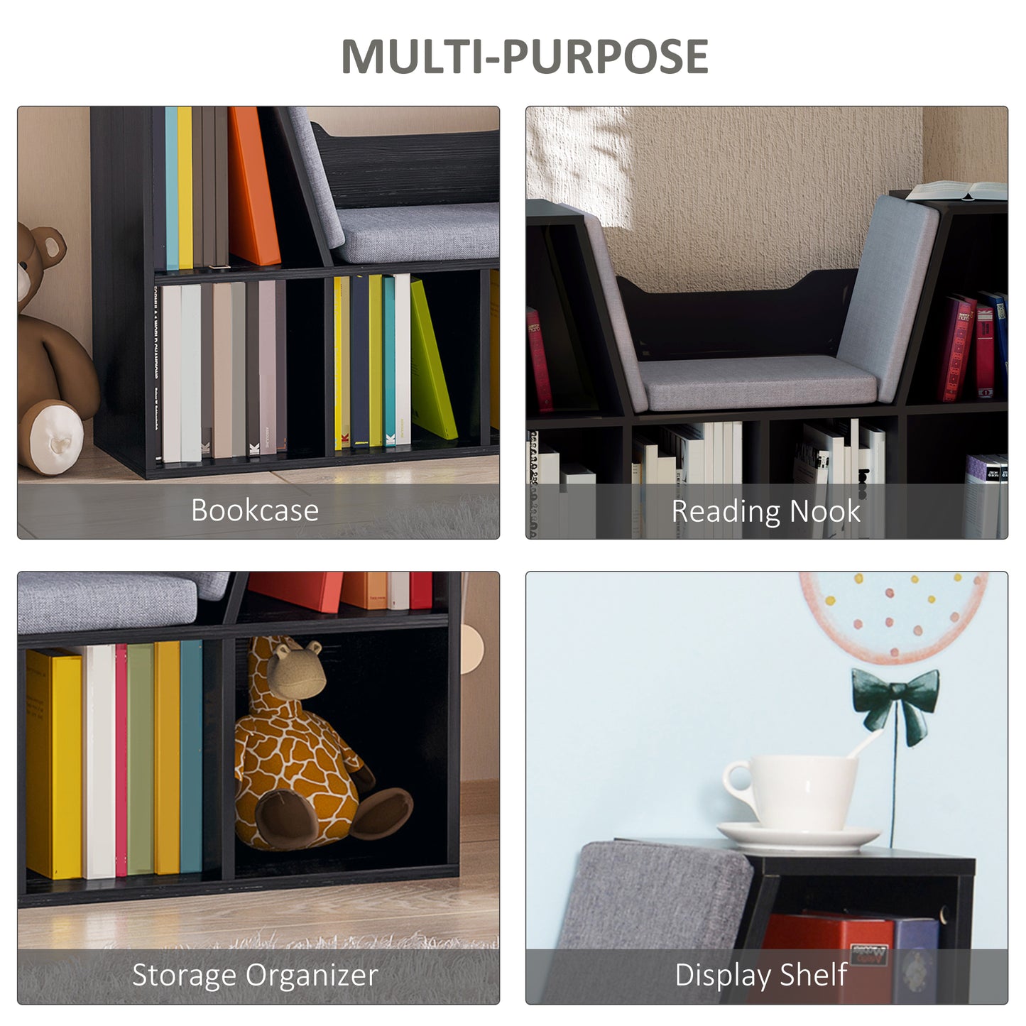 Bookcase Storage W/Particle Board Sponge Linen, 102W x 30D x 61Hcm-Black/Grey
