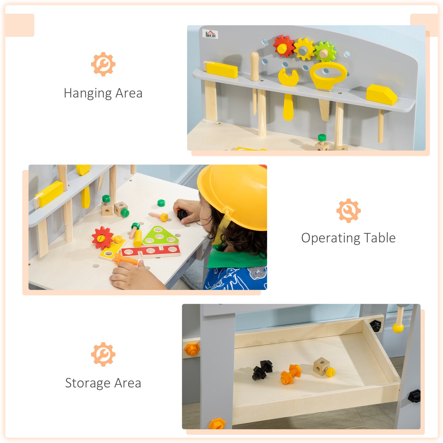 Childrens Wooden Workbench, with Storage Shelf, Wooden Tool Kits, Educational Tool Pretend Play Gift Aosom IE