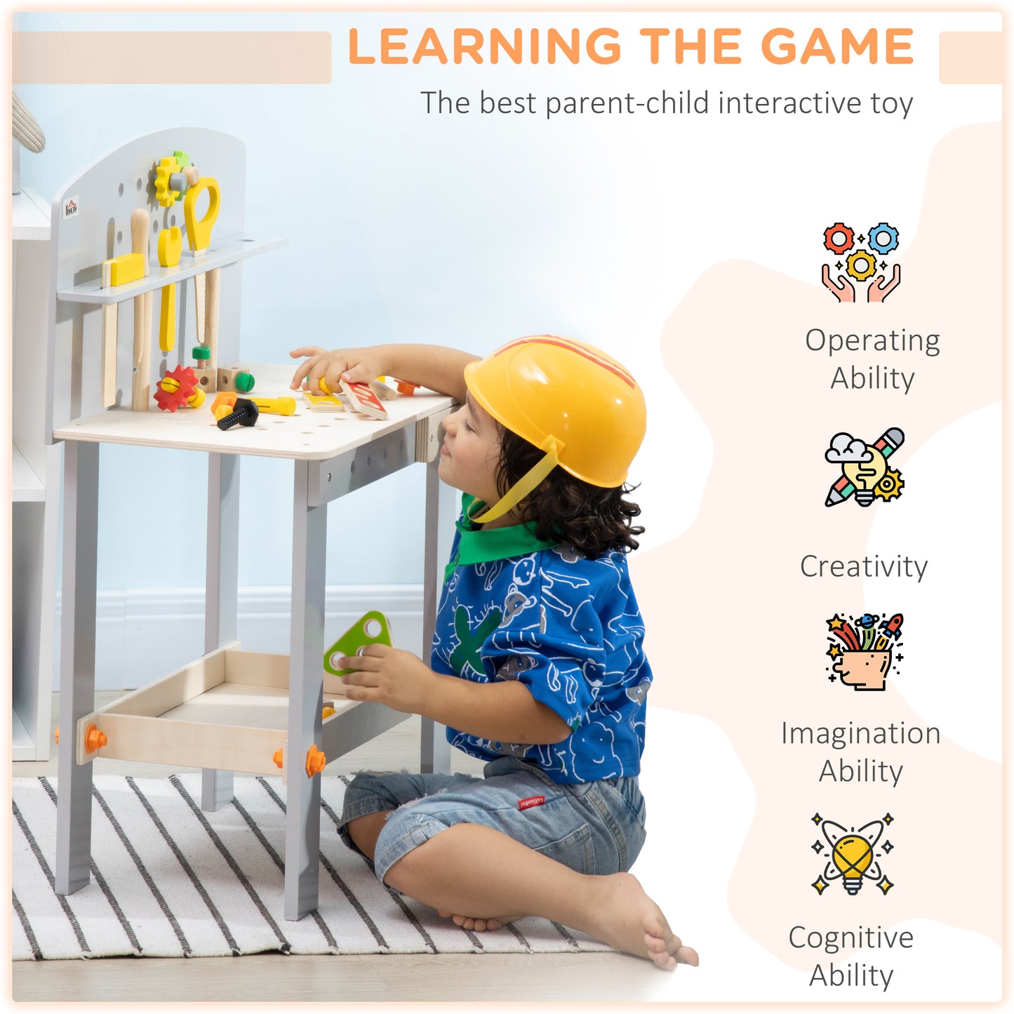 Childrens Wooden Workbench, with Storage Shelf, Wooden Tool Kits, Educational Tool Pretend Play Gift Aosom IE