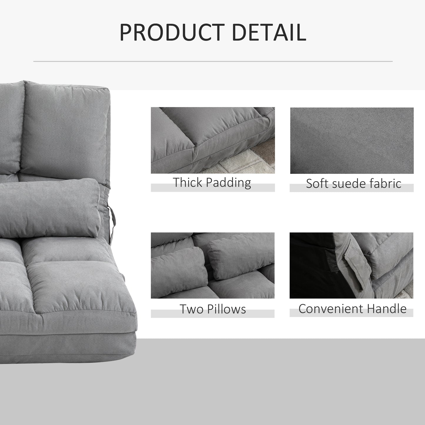 2-In-1 Floor Sofa Lazy Bed Folding Couch w/7 Position Adjustable Backrest Thick Padding Metal Frame & 2 Pillows Light