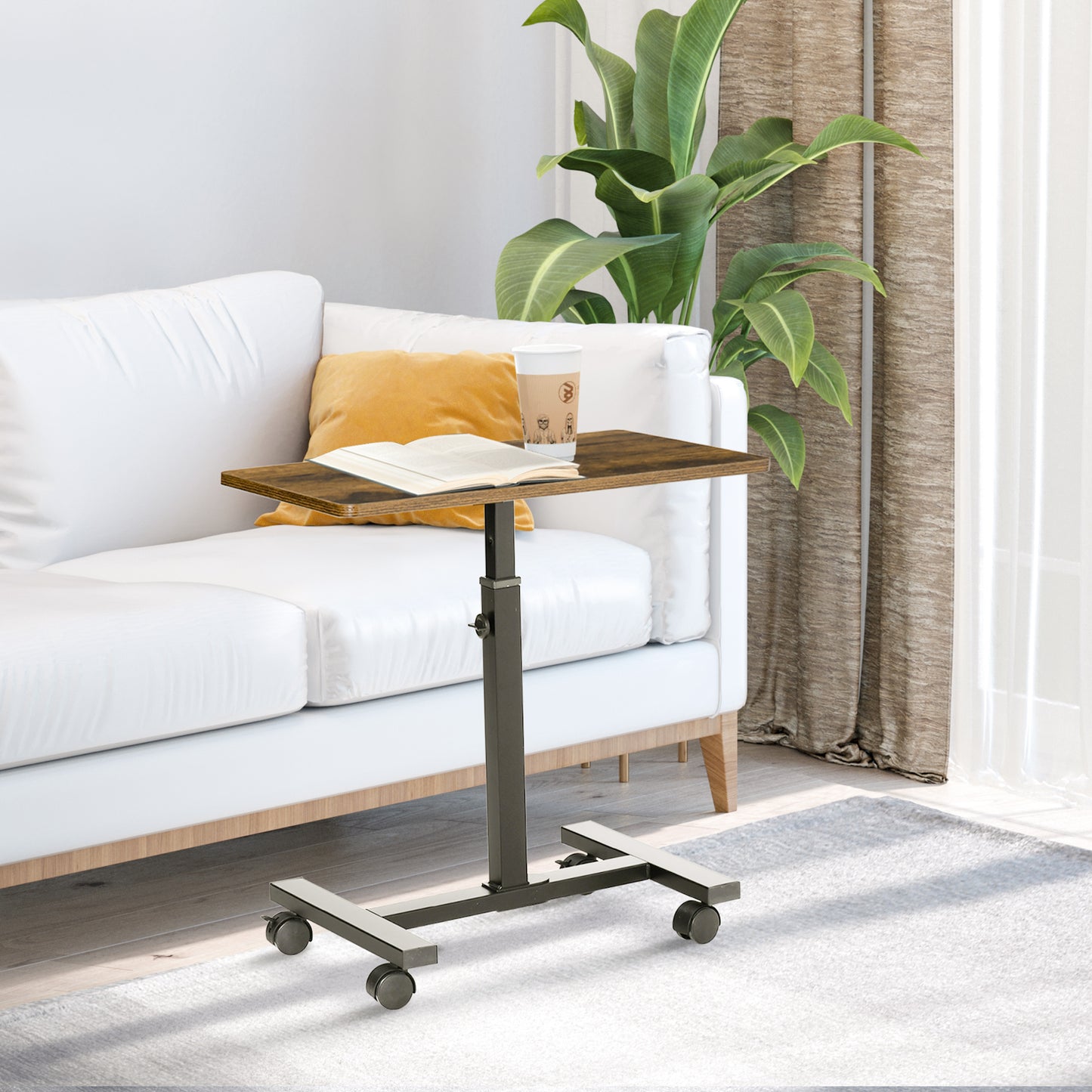 HOMCOM Laptop Movable Desk, Height Adjustable, Sofa Side Table for Home Office, Rustic Brown