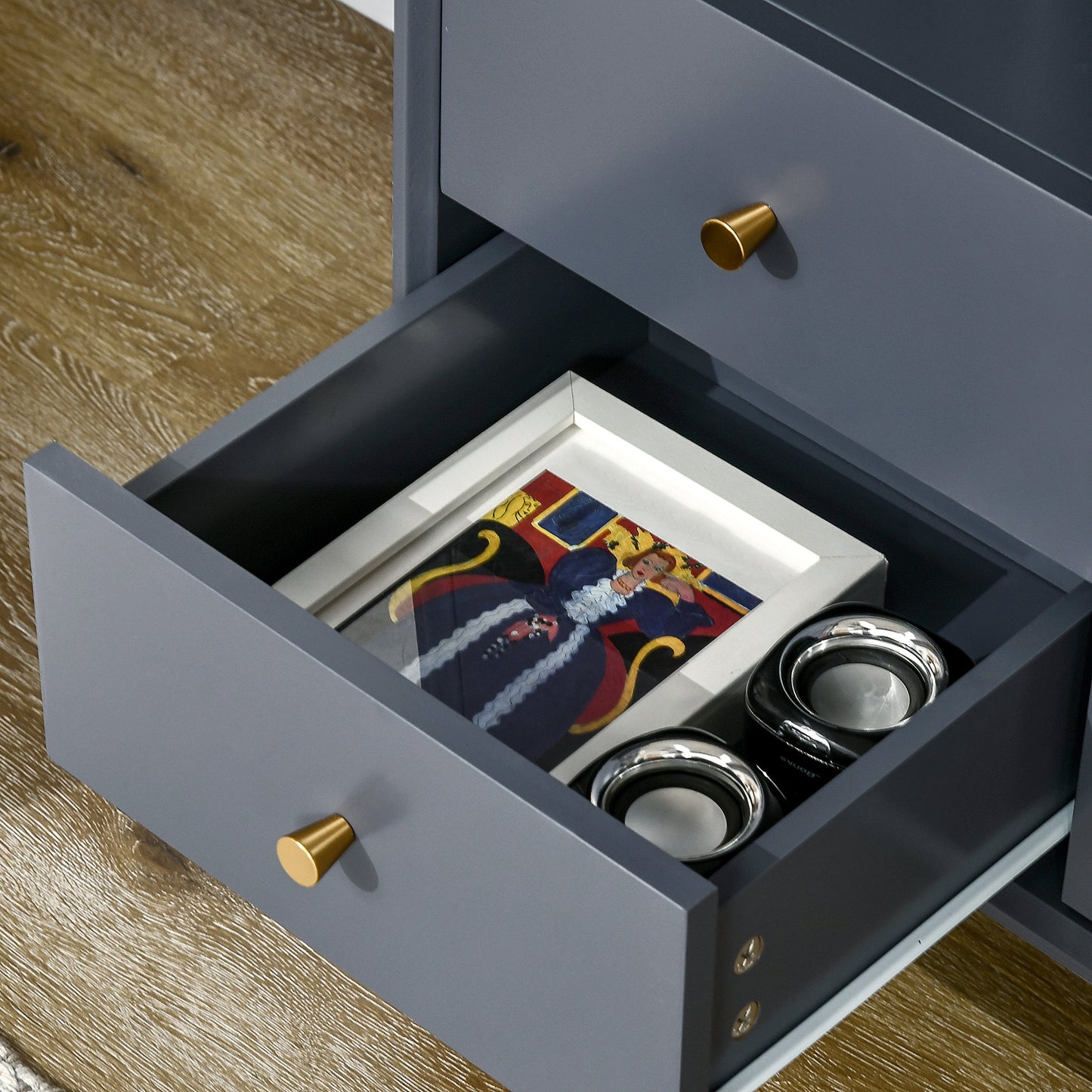 Modern Sideboard, Storage Cabinet with Glass Door Cupboard, 2 Drawers, Bedside Table for Bedroom, Living Room, Grey