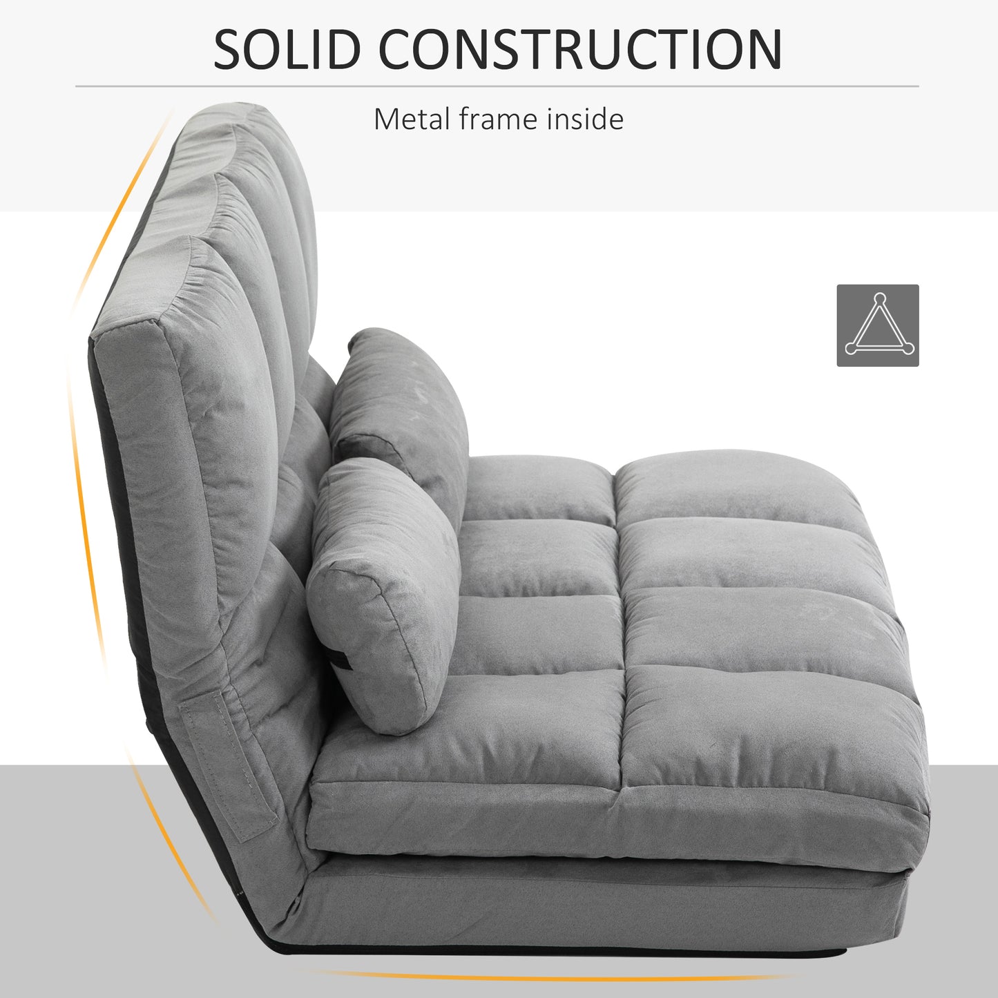 2-In-1 Floor Sofa Lazy Bed Folding Couch w/7 Position Adjustable Backrest Thick Padding Metal Frame & 2 Pillows Light