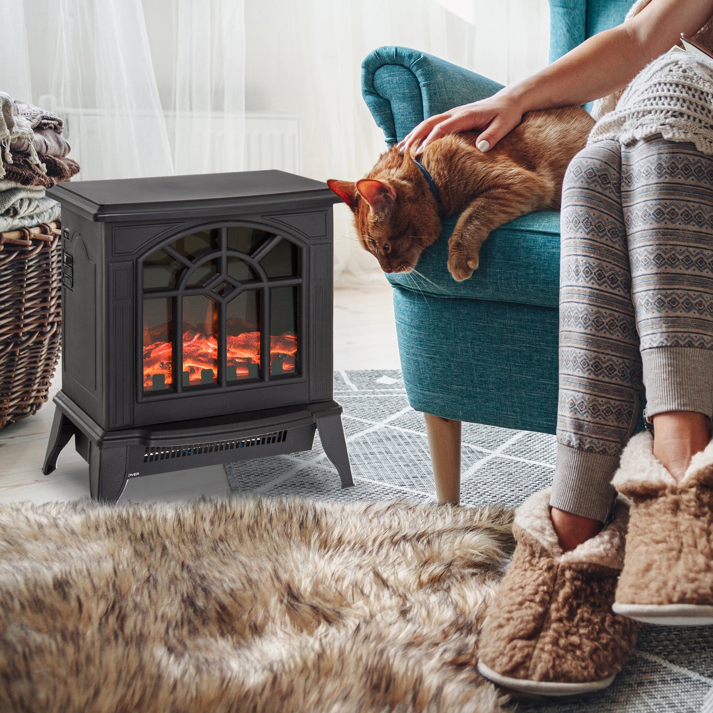 HOMCOM Electric Stove Fire, Electric Freestanding Fireplace, Flame Effect , w/ LED 900W/1800W Black