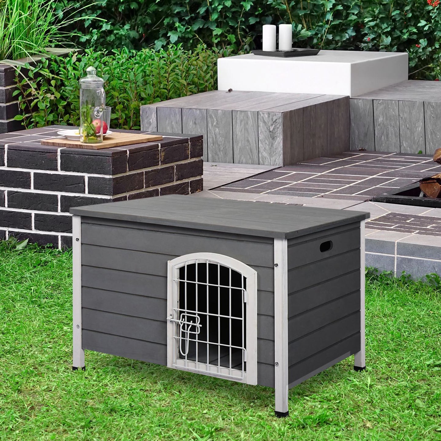 PawHut Indoor Dog Kennels, Wooden, Wire Door with Lock with Openable Top Removable Bottom Gray