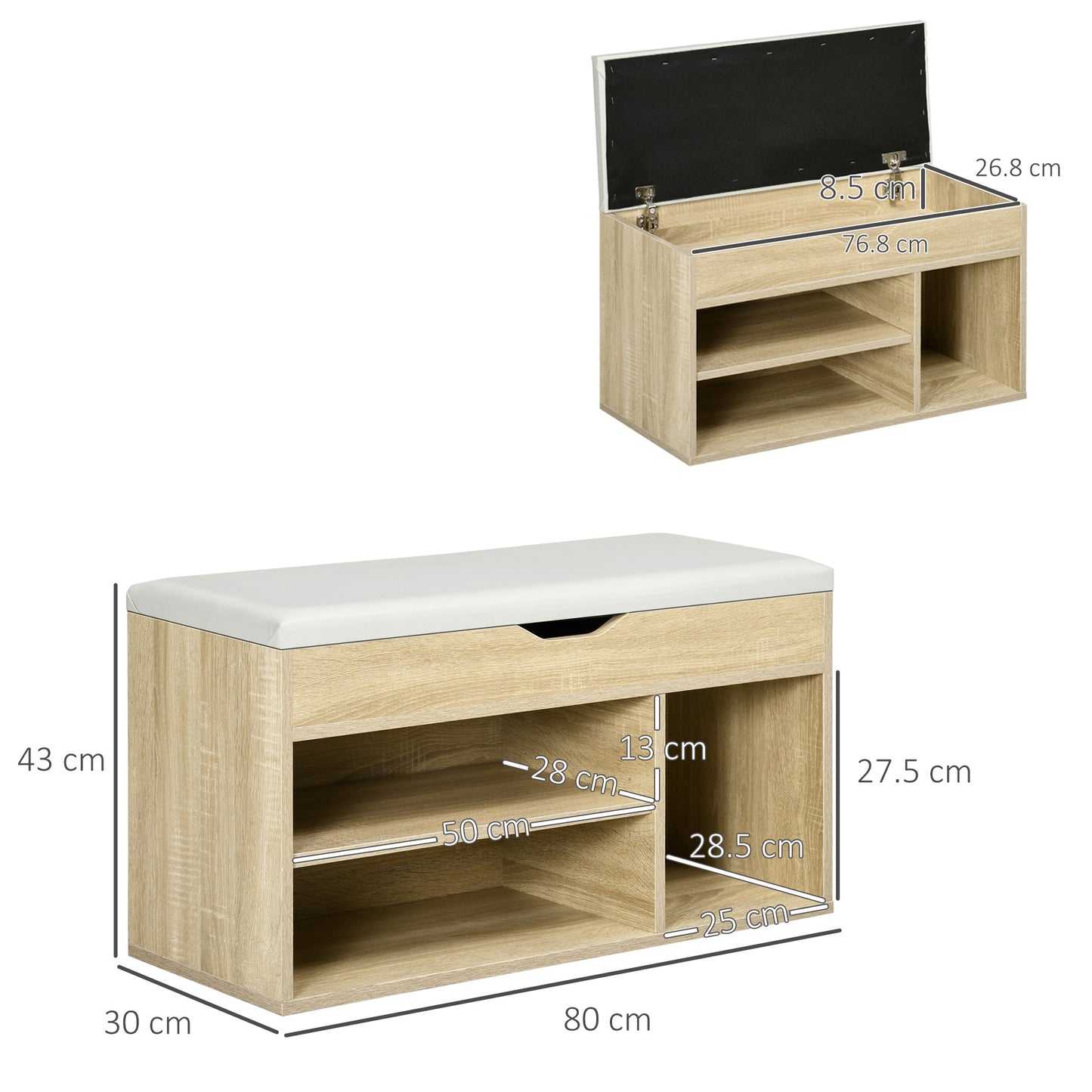 Sit-On Shoe Bench Storage Unit w/ Hidden 3 Compartments Hidden Top Side Handles Home Boots Trainers Oak Toney