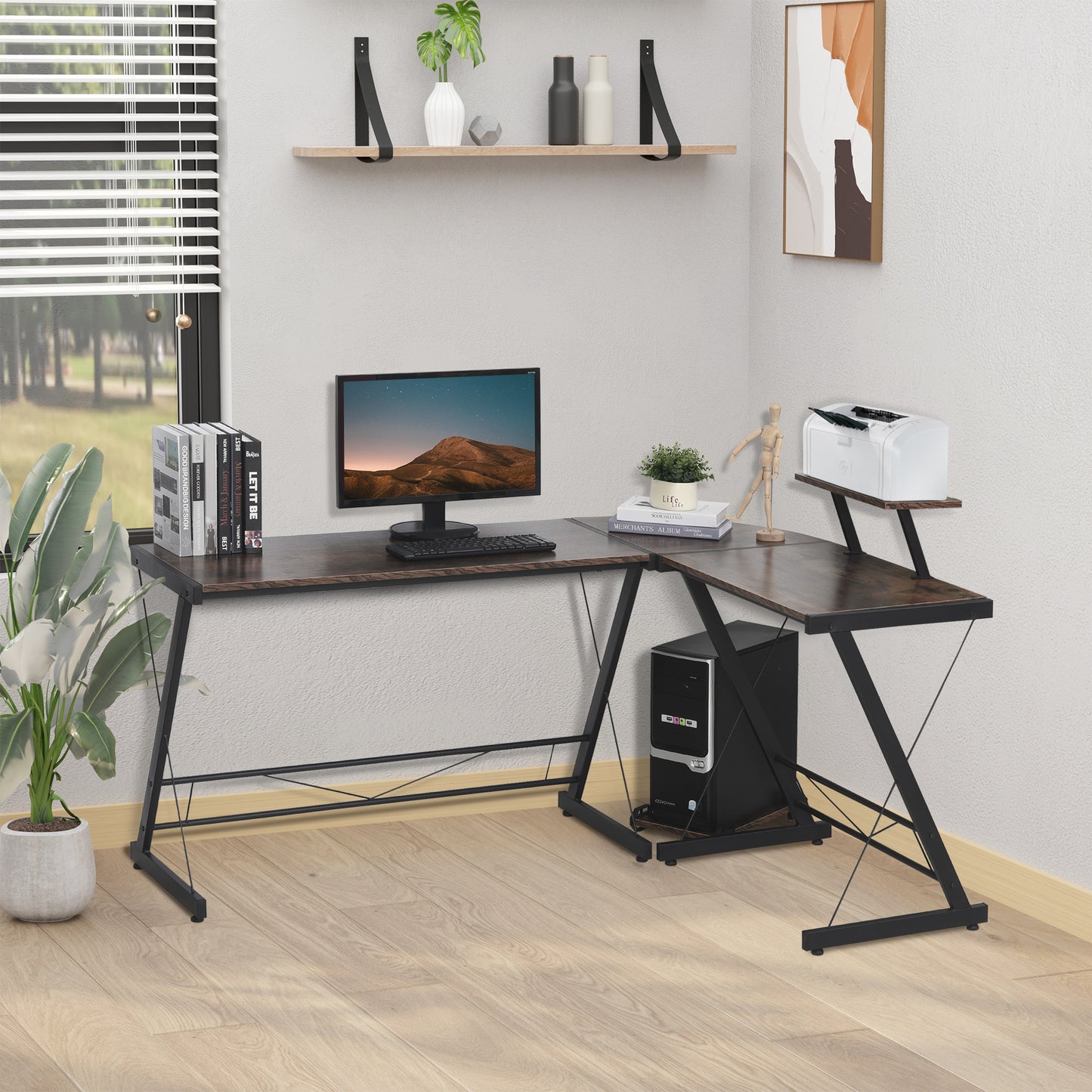 HOMCOM L Shaped Desk Round Corner Computer Gaming Table Workstation with Storage Shelf , CPU Stand for Home Office