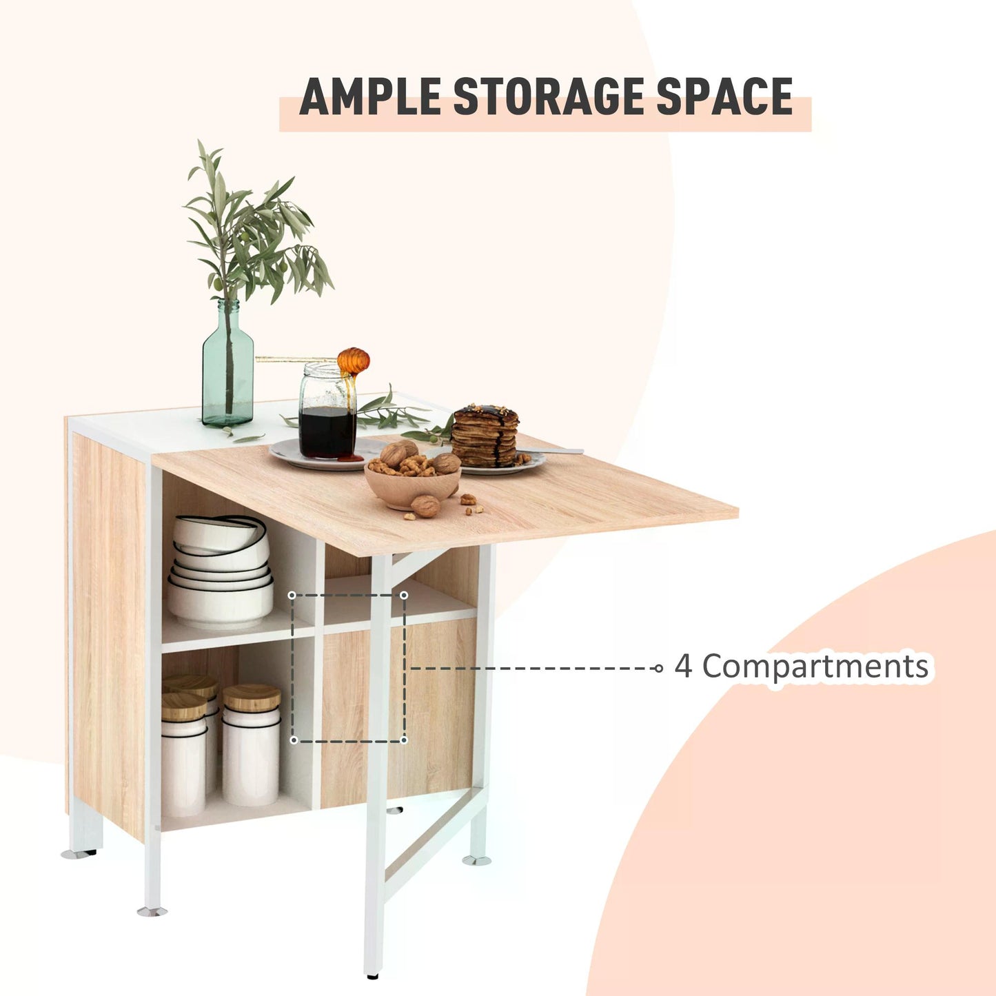 Drop Leaf Table with Storage Shelves-Oak/White Colour