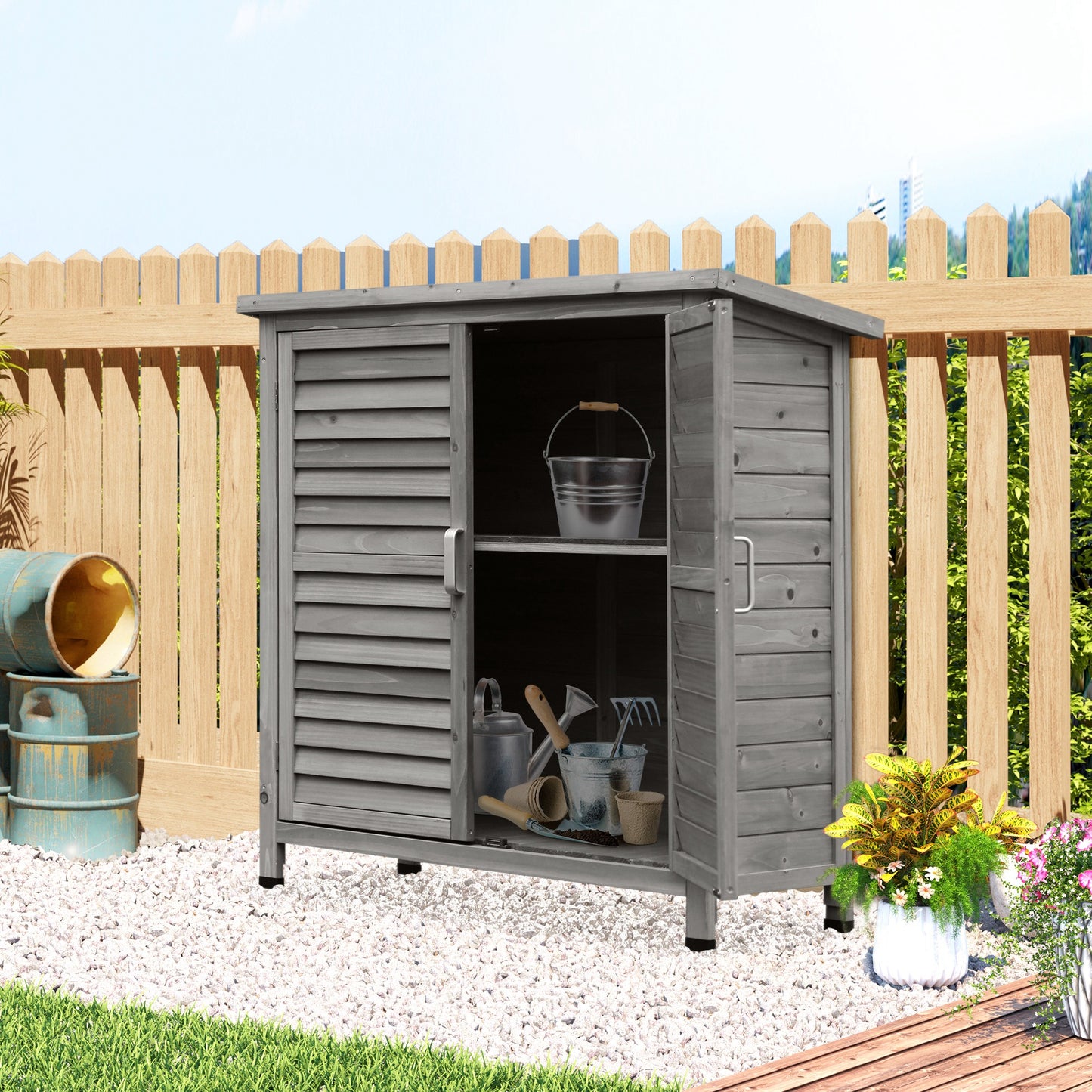 Garden Shed Wooden Garden Storage Shed 2 Door Unit Solid Fir Wood Garage Tool Organisation Cabinet, 87L x 46.5W x 96.5Hcm