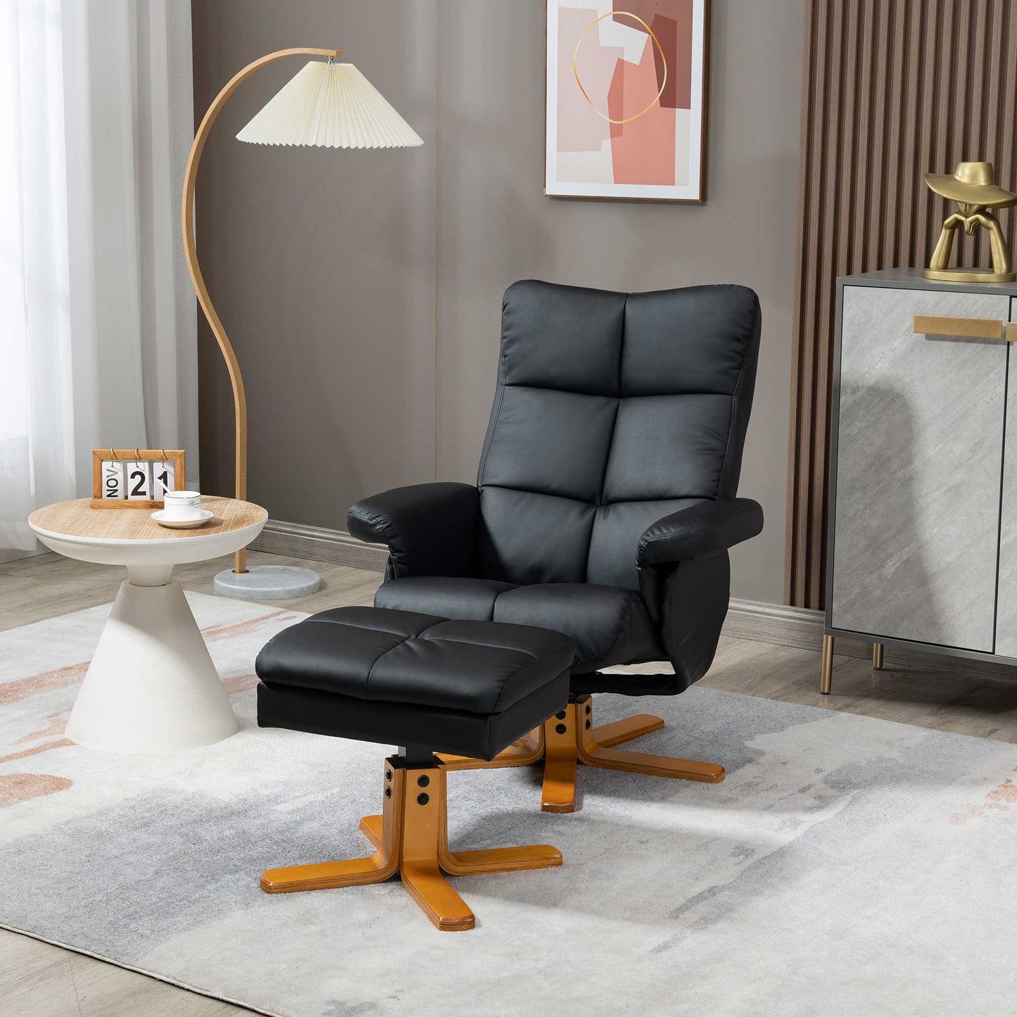 HOMCOM Faux Leather Swivel Recliner Chair with Footstool, Wooden Base and Storage for Living Room, Black