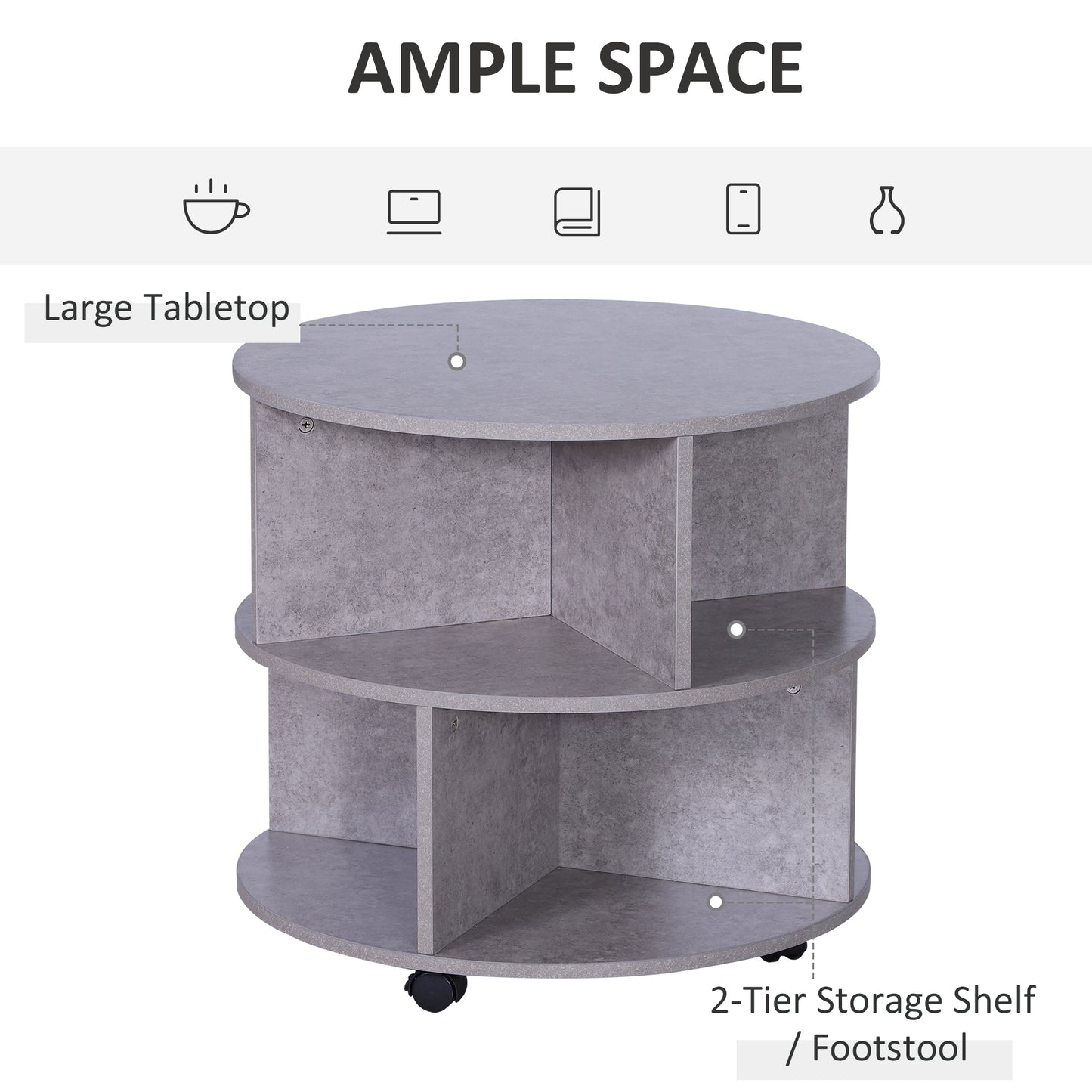 Coffee Table with Wheels, Round, with Storage, 2 Tier, Divider Shelves Lamp Desk Storage