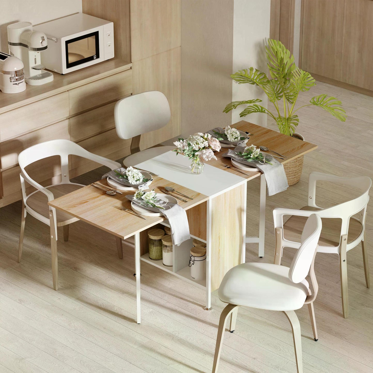 Drop Leaf Table with Storage Shelves-Oak/White Colour