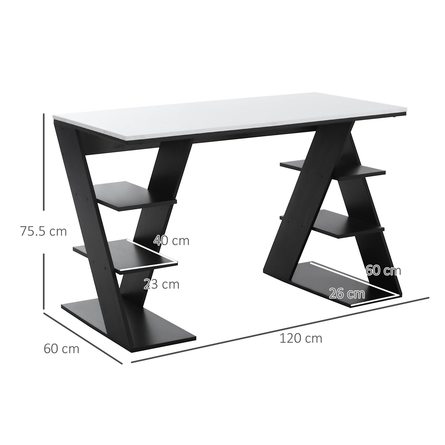 Study Desks with Storage, 120x60x75.5cm Laptop Workstation with 6 Open Shelves White and Black