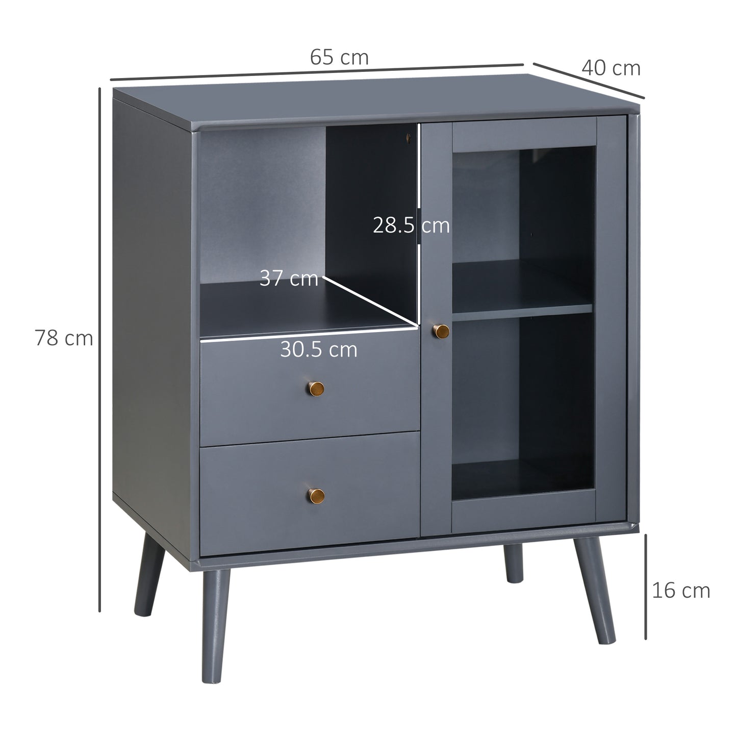 Modern Sideboard, Storage Cabinet with Glass Door Cupboard, 2 Drawers, Bedside Table for Bedroom, Living Room, Grey