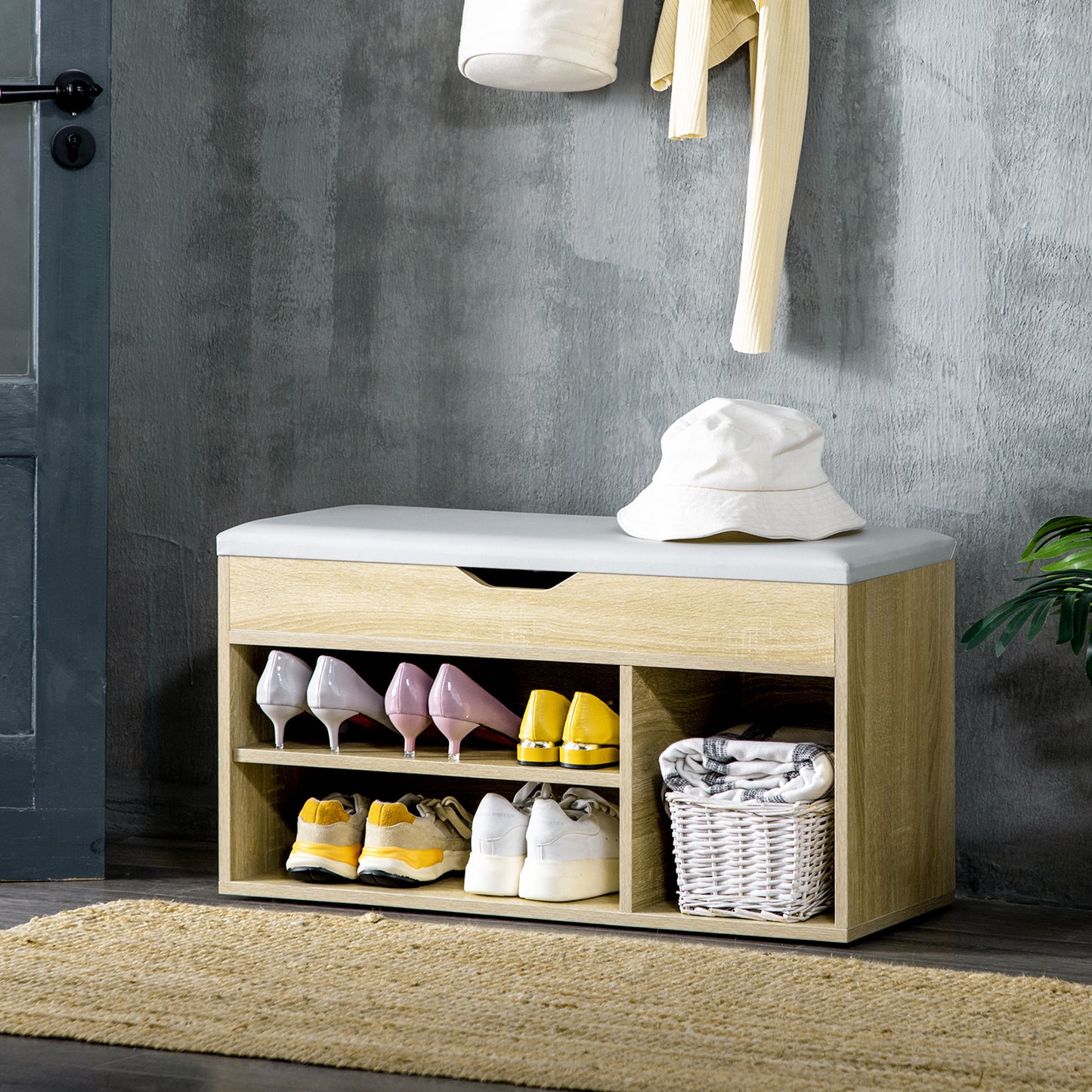 HOMCOM Sit-On Shoe Bench Storage Unit w/ Hidden 3 Compartments Hidden Top Side Handles Home Boots Trainers Oak Toney