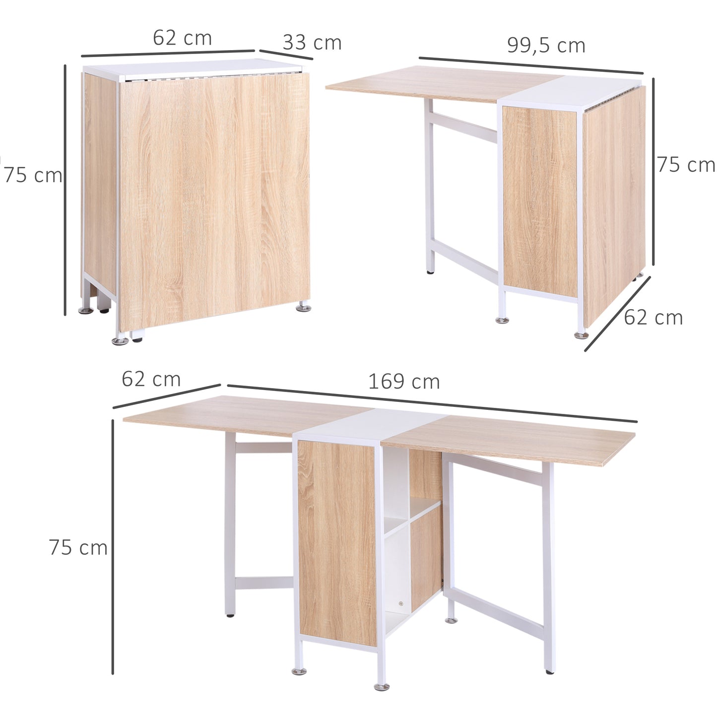 Drop Leaf Table with Storage Shelves-Oak/White Colour