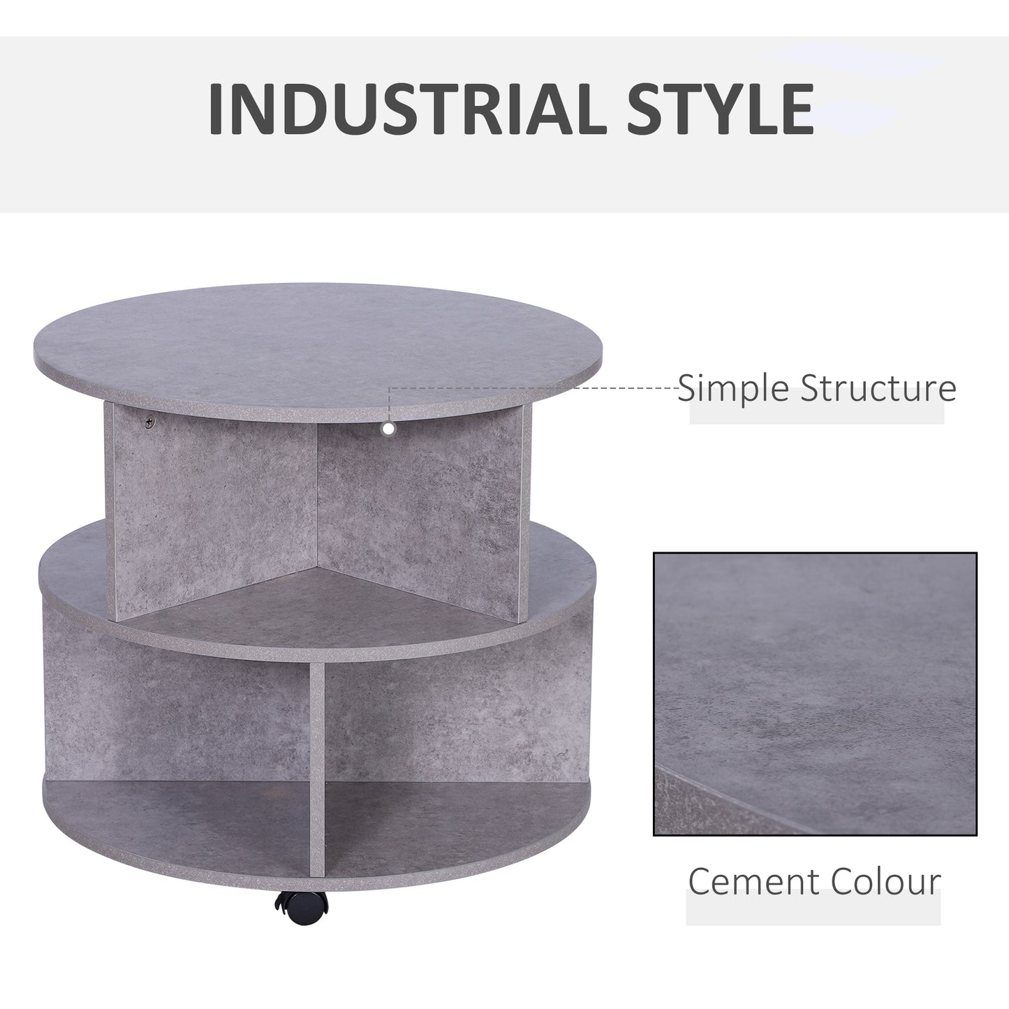 Coffee Table with Wheels, Round, with Storage, 2 Tier, Divider Shelves Lamp Desk Storage