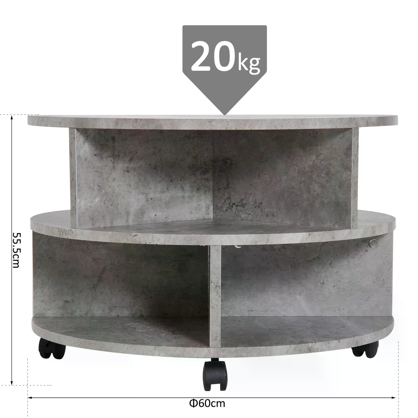 Coffee Table with Wheels, Round, with Storage, 2 Tier, Divider Shelves Lamp Desk Storage