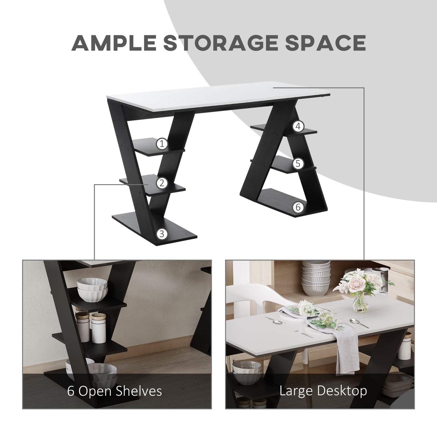 Study Desks with Storage, 120x60x75.5cm Laptop Workstation with 6 Open Shelves White and Black