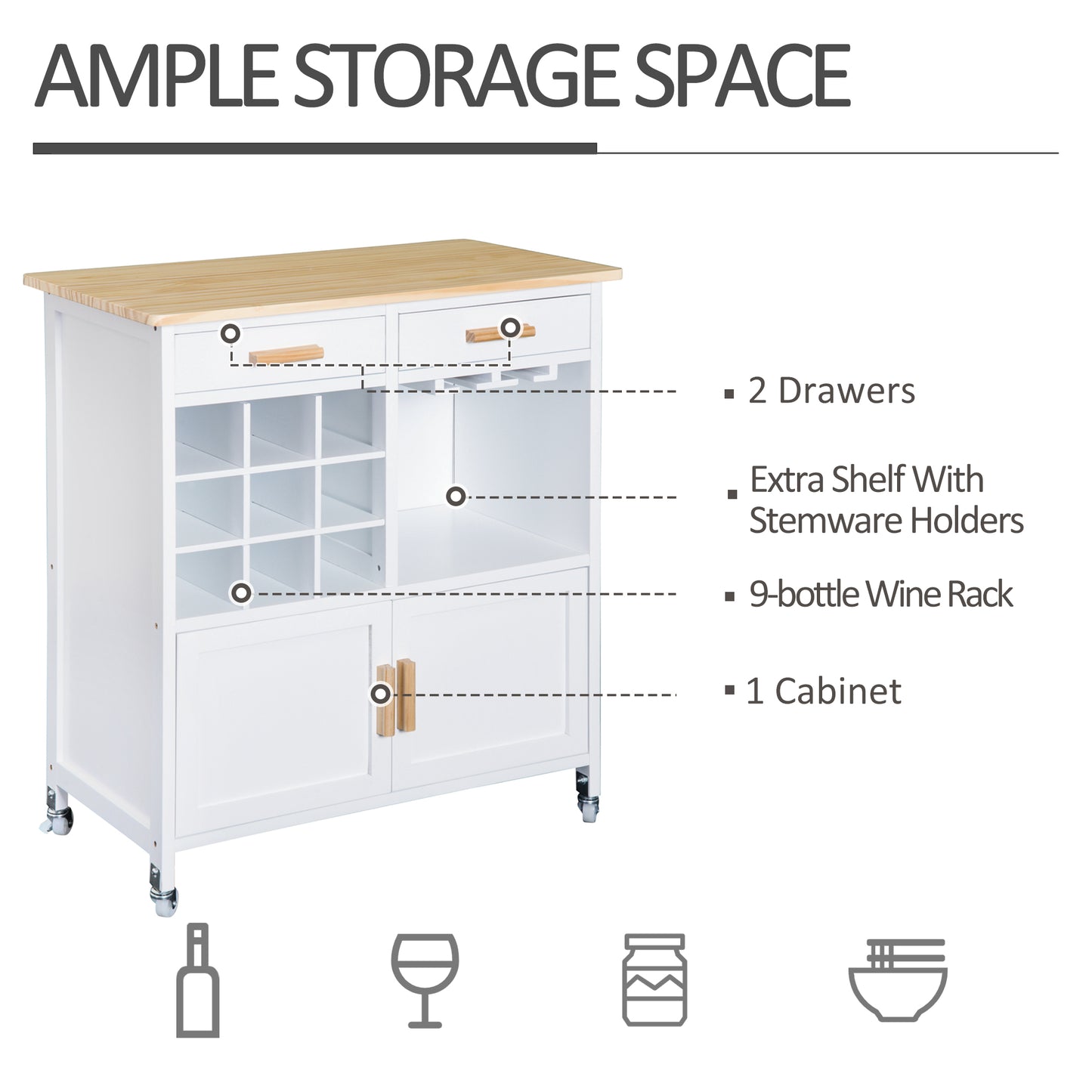Rolling Kitchen Cart Island-White