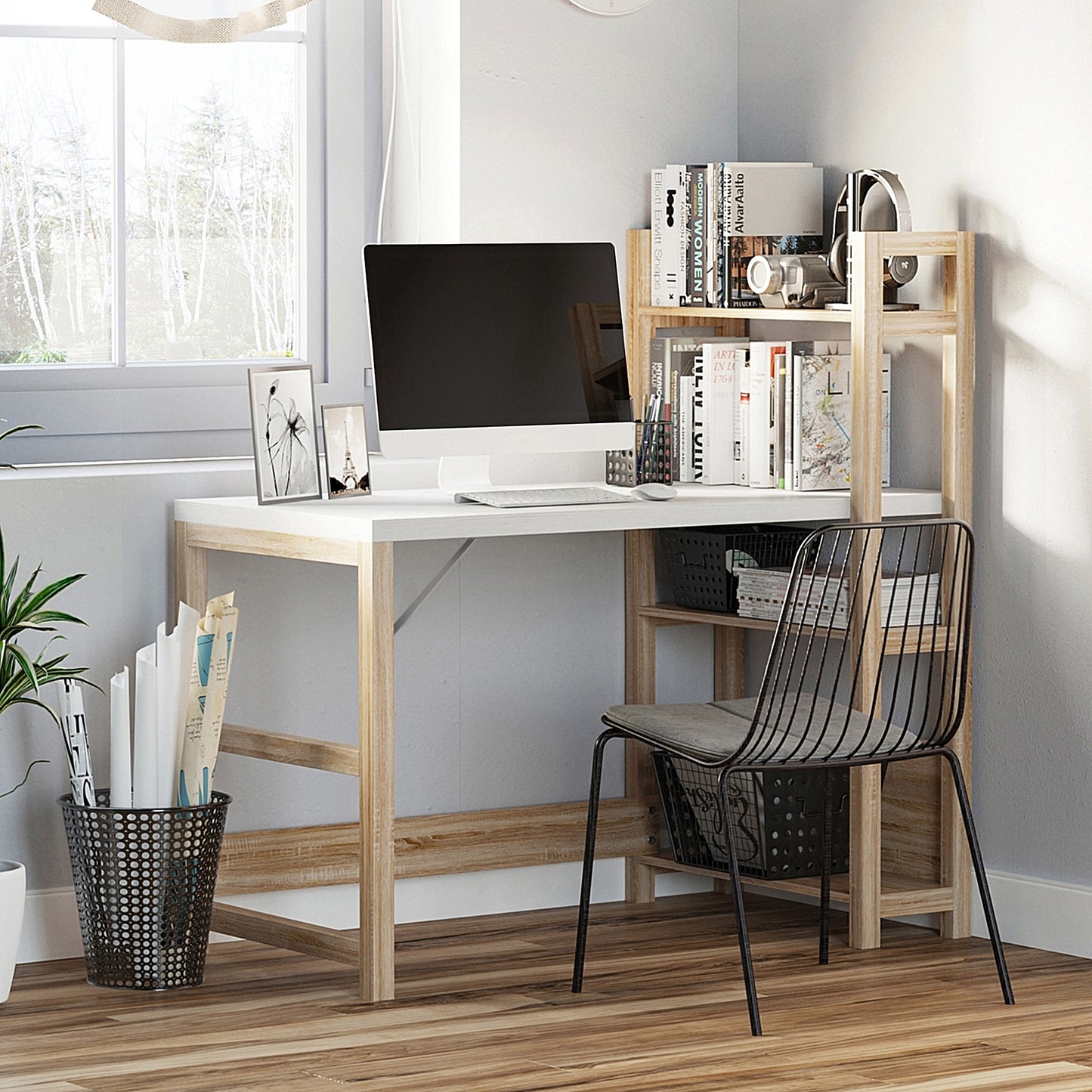 HOMCOM Corner Desk with Storage, Computer Desk with Bookshelf, for Home Study, Office, White Wood Grain