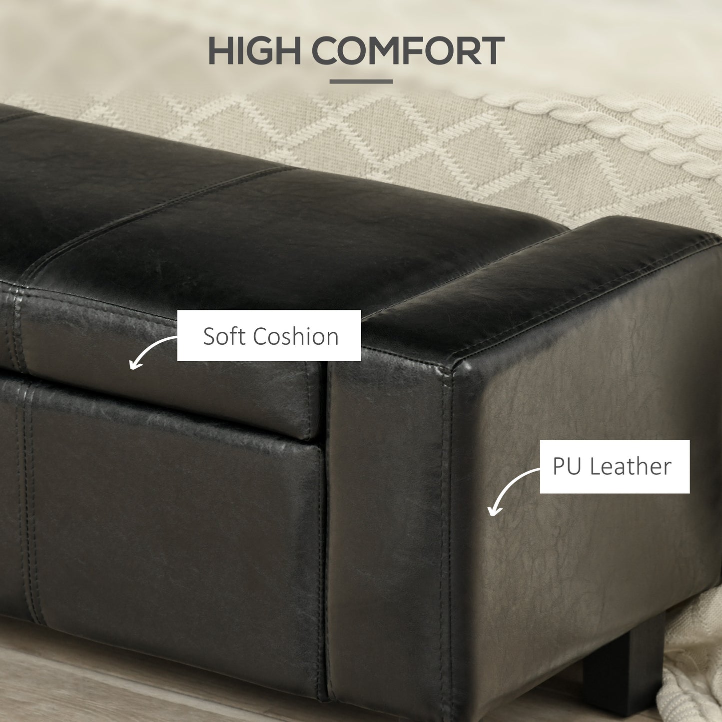 Ottoman Storage Chest Faux Leather Stool Bench Seat Bedding Blanket Box Home Furniture-Black
