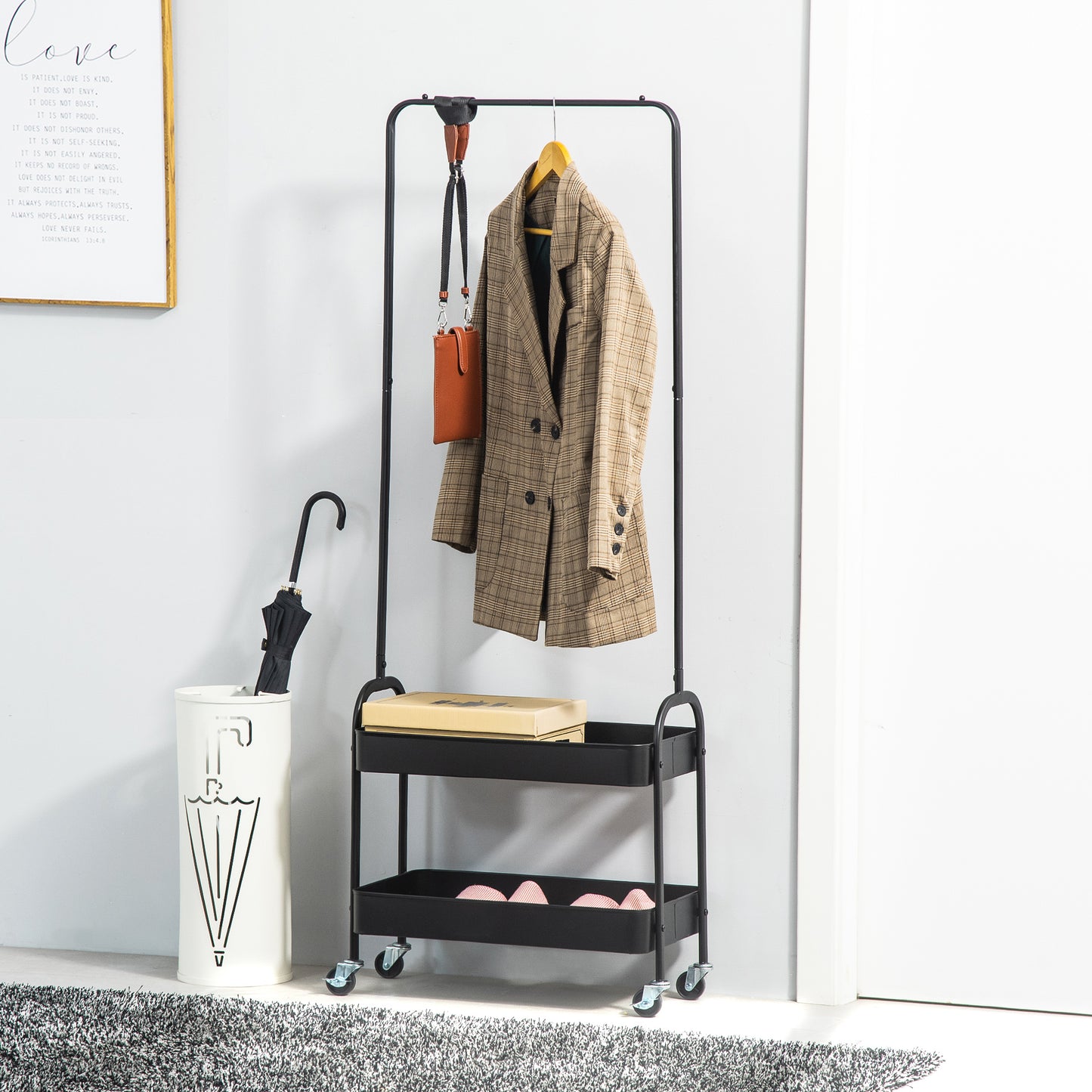 HOMCOM Metal Clothes Rack with Shoe Storage, Clothing Rail on Wheels, Freestanding Hall Tree, Coat Stand with 2 Storage Shelf, Black