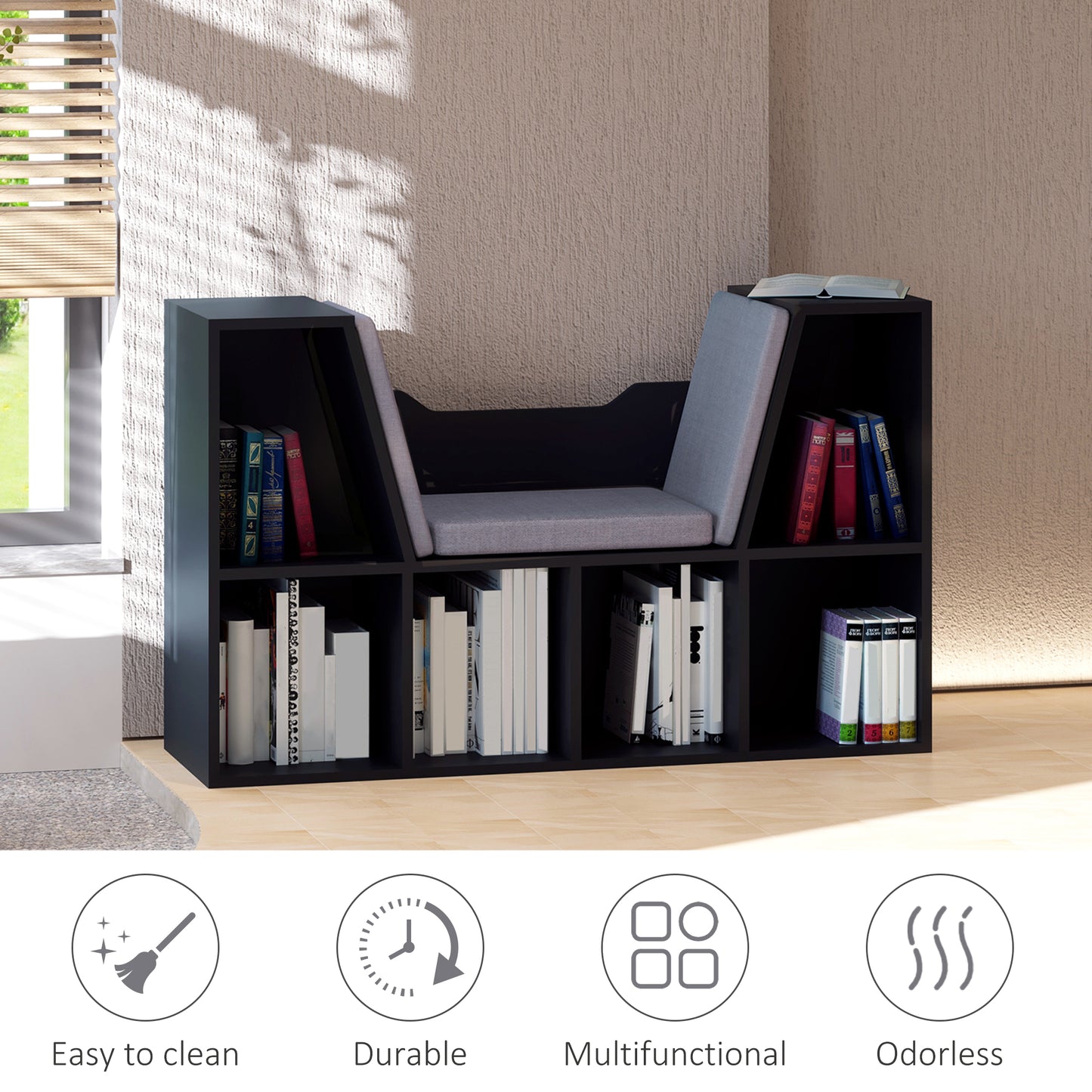 Bookcase Storage W/Particle Board Sponge Linen, 102W x 30D x 61Hcm-Black/Grey