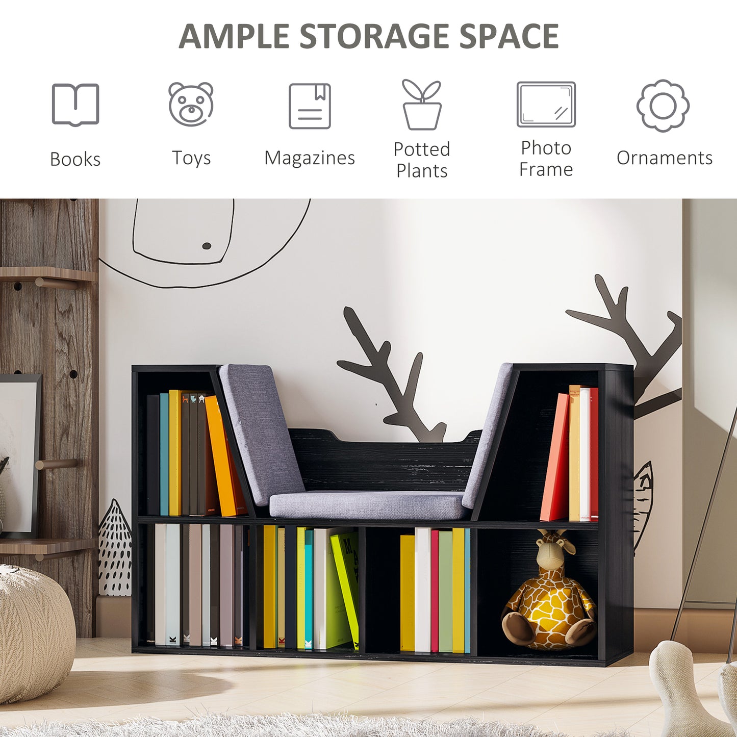 Bookcase Storage W/Particle Board Sponge Linen, 102W x 30D x 61Hcm-Black/Grey