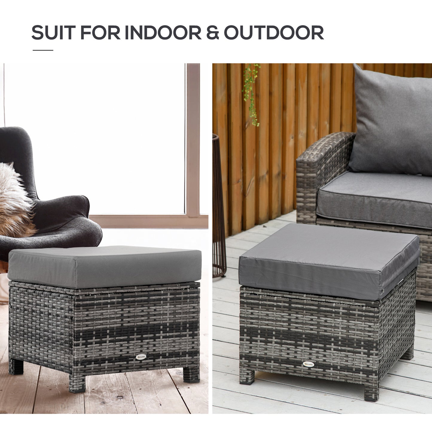 Rattan Footstool Wicker Ottoman with Padded Seat Cushion Outdoor Patio Furniture for Backyard Garden Poolside Living Room 50x 50x35 cm Grey