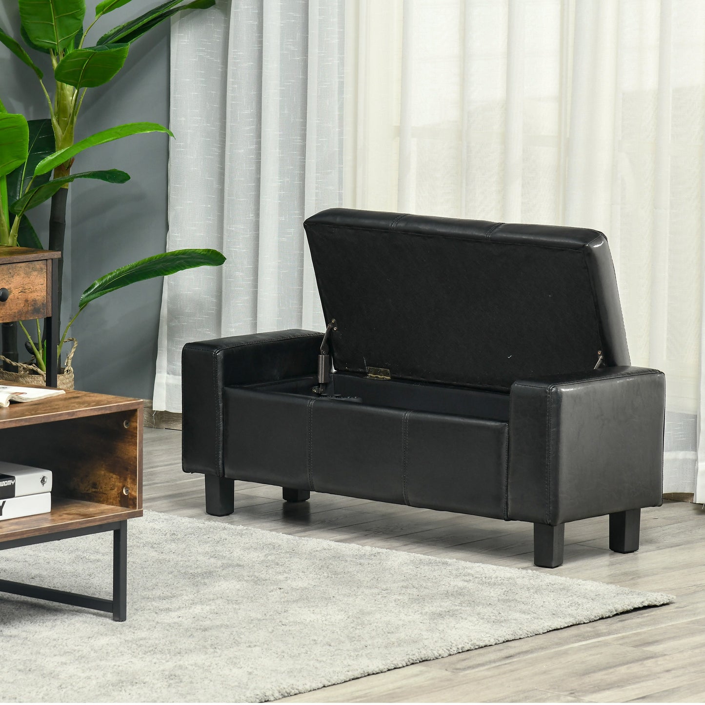 Ottoman Storage Chest Faux Leather Stool Bench Seat Bedding Blanket Box Home Furniture-Black