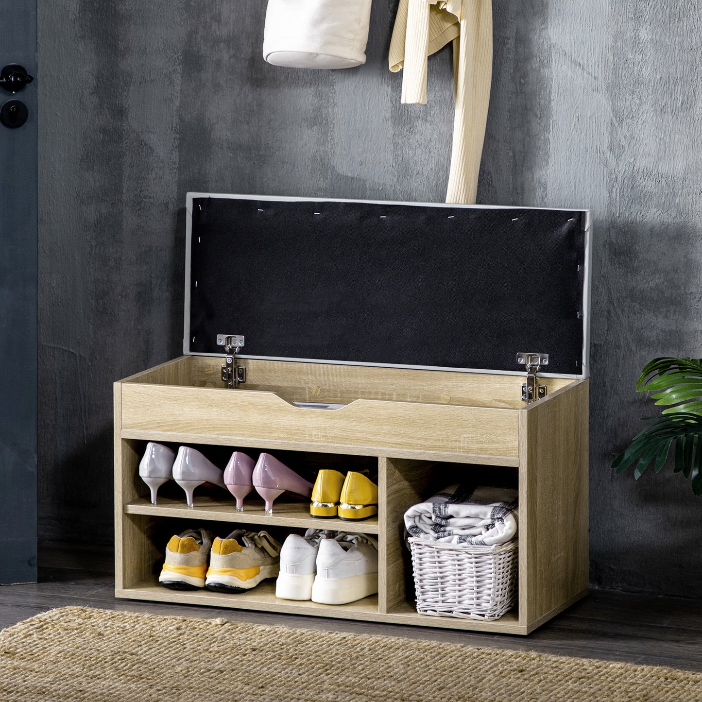 Sit-On Shoe Bench Storage Unit w/ Hidden 3 Compartments Hidden Top Side Handles Home Boots Trainers Oak Toney